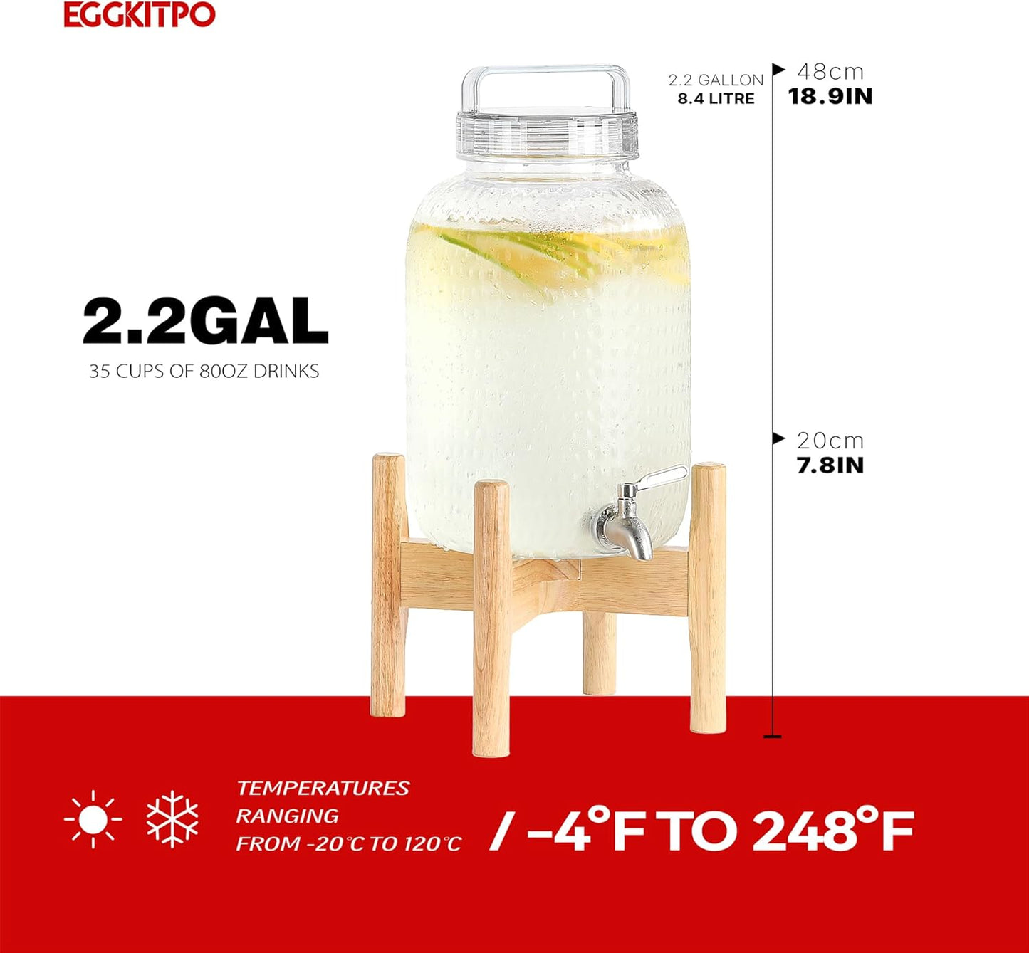 EGGKITPO 2.2 Gallon Drink Dispensers with 304 Stainless Steel Spigot for Parties Lemonade Dispenser with Wood Bracket Clear Cover Polycarbonate Beverage Dispenser for Home Use