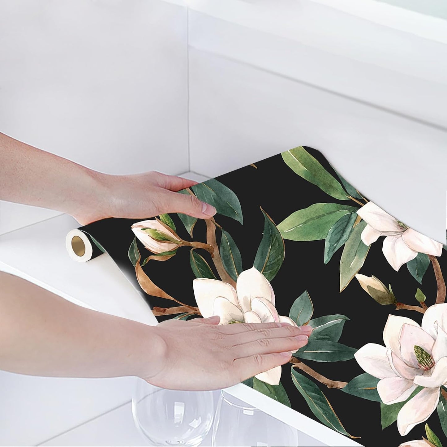 HAOKHOME Floral Shelf Liner and Cabinet Liner, Self-Adhesive Drawer Liners, Peel and Stick Contact Paper for Kitchen Cabinets and Cupboard, Bathroom Drawers, Black/White/Green 17.3in x 6.5ft