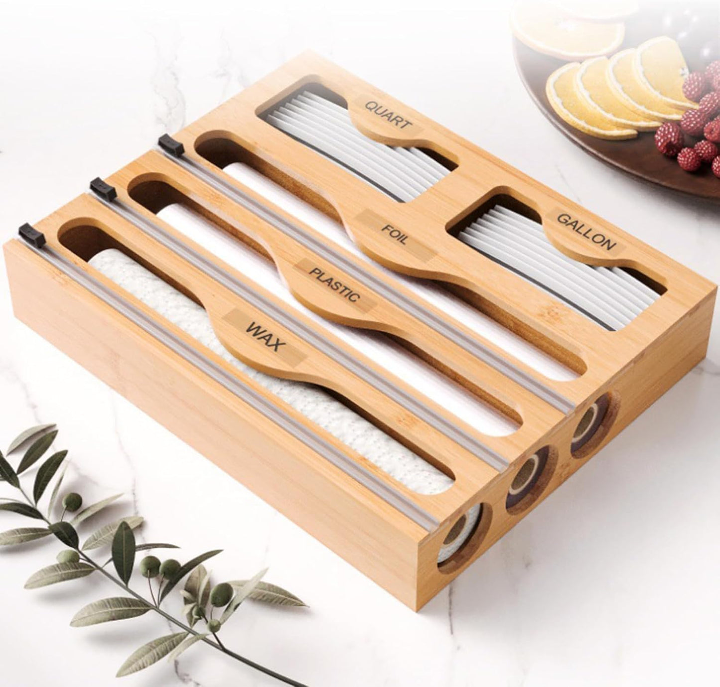 Foil Dispenser – Wood 40x31.6x7.2cm | Wrap Organizer With Cutter | Roll Organizer Holder For Aluminum F-oil - Large-Capacity Aluminum Foil Wax Wrap Holder | 5-in-1 Multifunctional Kitchen Or-ganizer