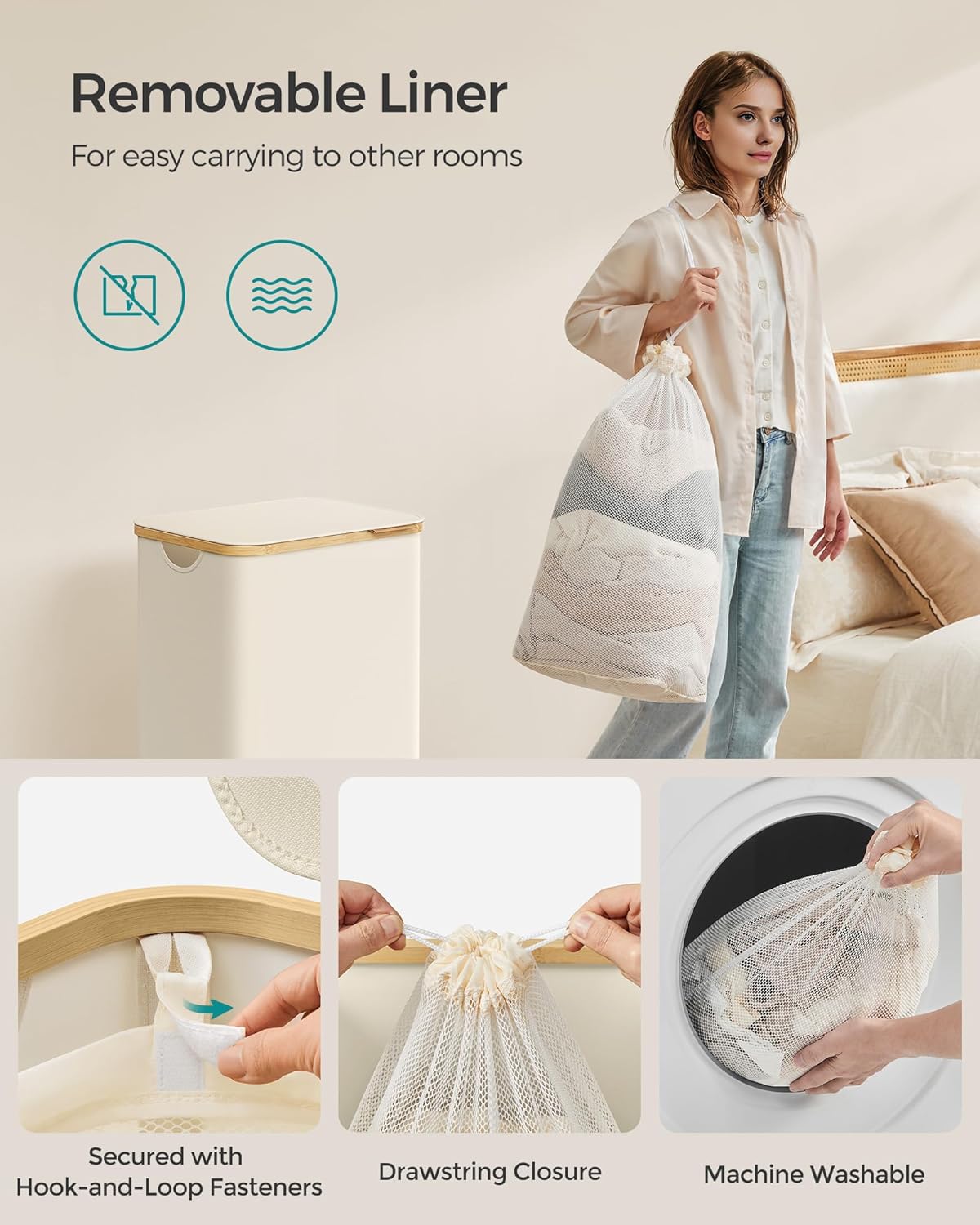 SONGMICS Laundry Hamper with Lid, Large Laundry Basket, 23.8 Gallons (90L), Removable Mesh Liner, Bamboo Handles, Collapsible, 16.5 x 12.6 x 27.8 Inches, Cream White ULCB509W01