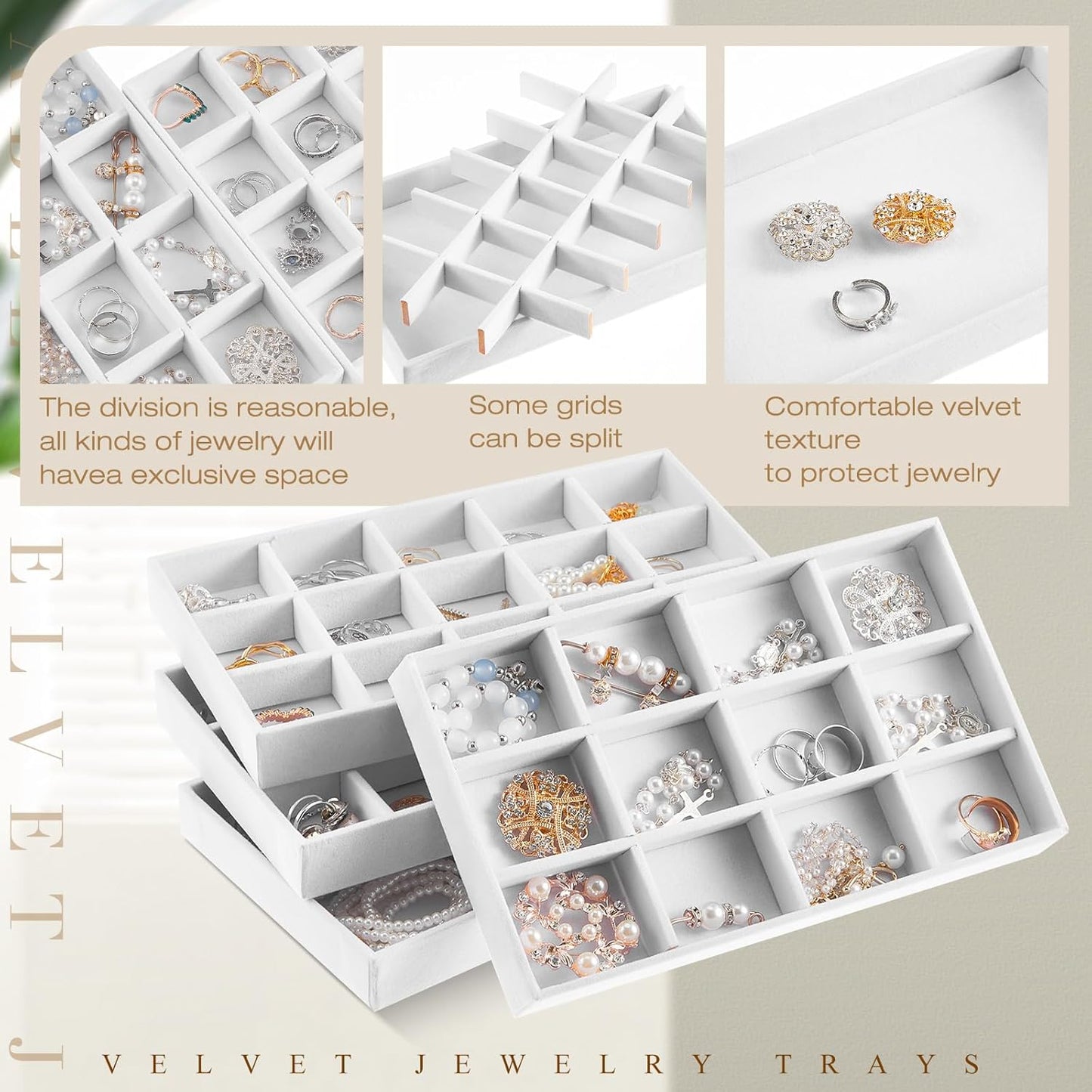Junkin 12 Pcs Jewelry Tray Velvet Stackable Jewelry Organizer Trays Divided Earring Accessories Storage Containers Box (Rose Red)