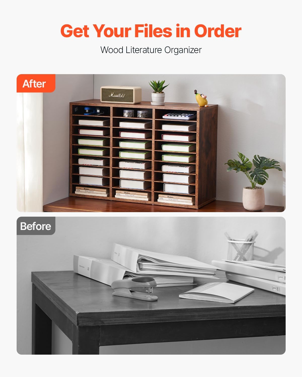 VEVOR Literature Organizer, 27 Compartments Office Mailbox with Removable Shelves, Wood Mailbox Sorter Particle Board Office Home Classroom Storage, File Sorter for File, Document, Paper, Dark Brown