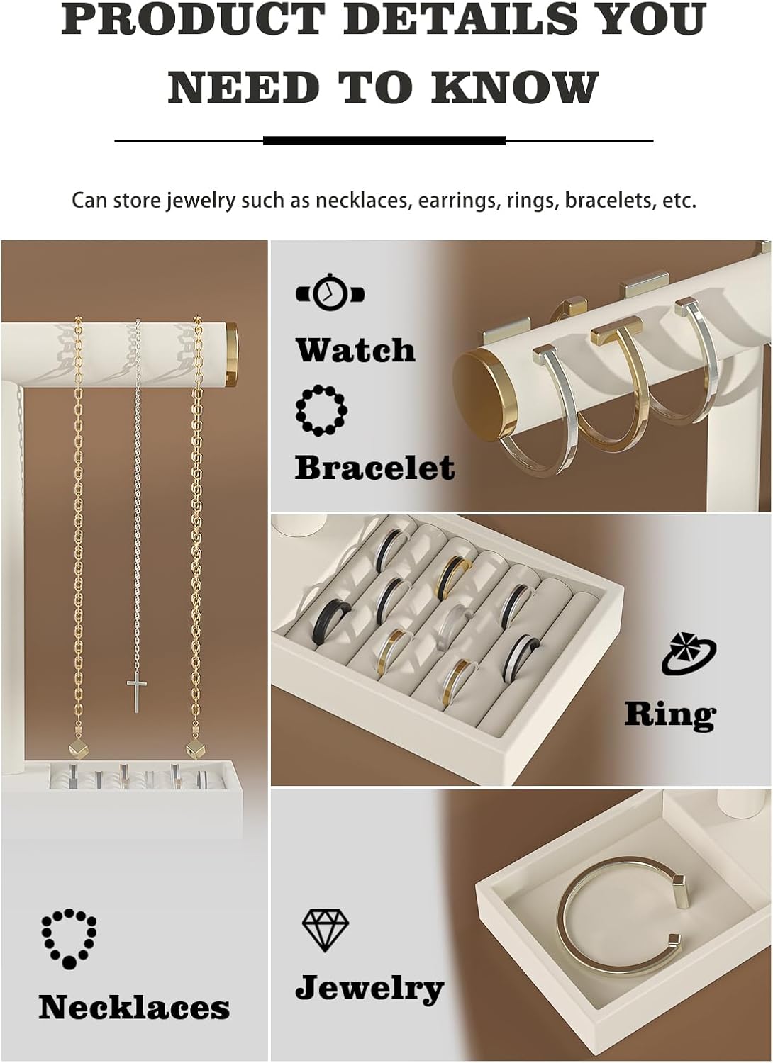 Bracelet and Necklace Holder,Velvet Jewelry Necklace Display Organizer Stand,bracelet Holder for Selling,Bracelet and Necklace Storage Tree (Style 1（Beige+ Metal lid）)