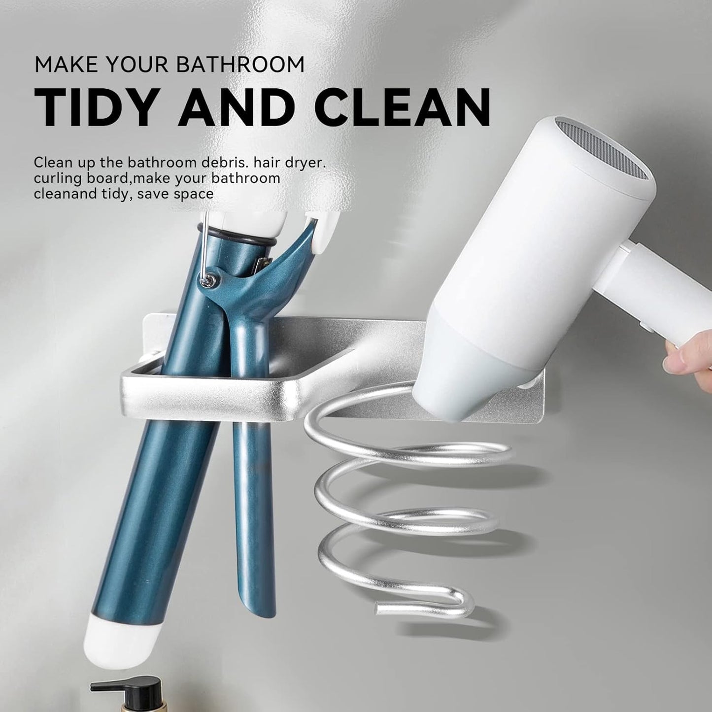 YUET Hair Dryer Holder Hairdryer Station Wall Mounted Spiral Shelf Bracket Stand Hanger Straightener Organizer Blow Storage with Holes Rack For Bathroom Aluminum Professional (Silver)