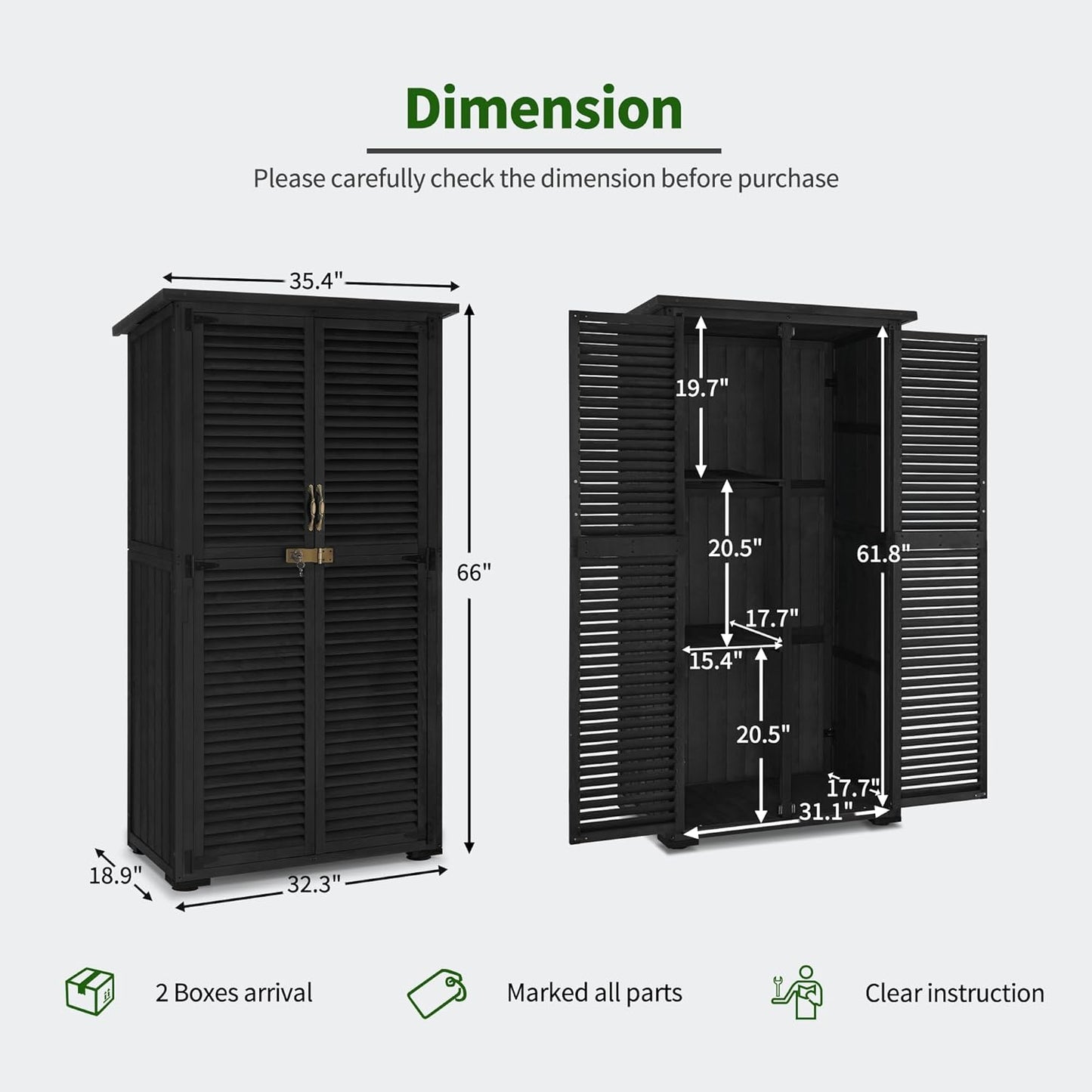 MCombo Outdoor Storage Cabinet, Wooden Storage Shed with Latch, Outside Garden Tool Shed with 2 Doors for Patio Yard Lawn, 0808 (Black, Medium)