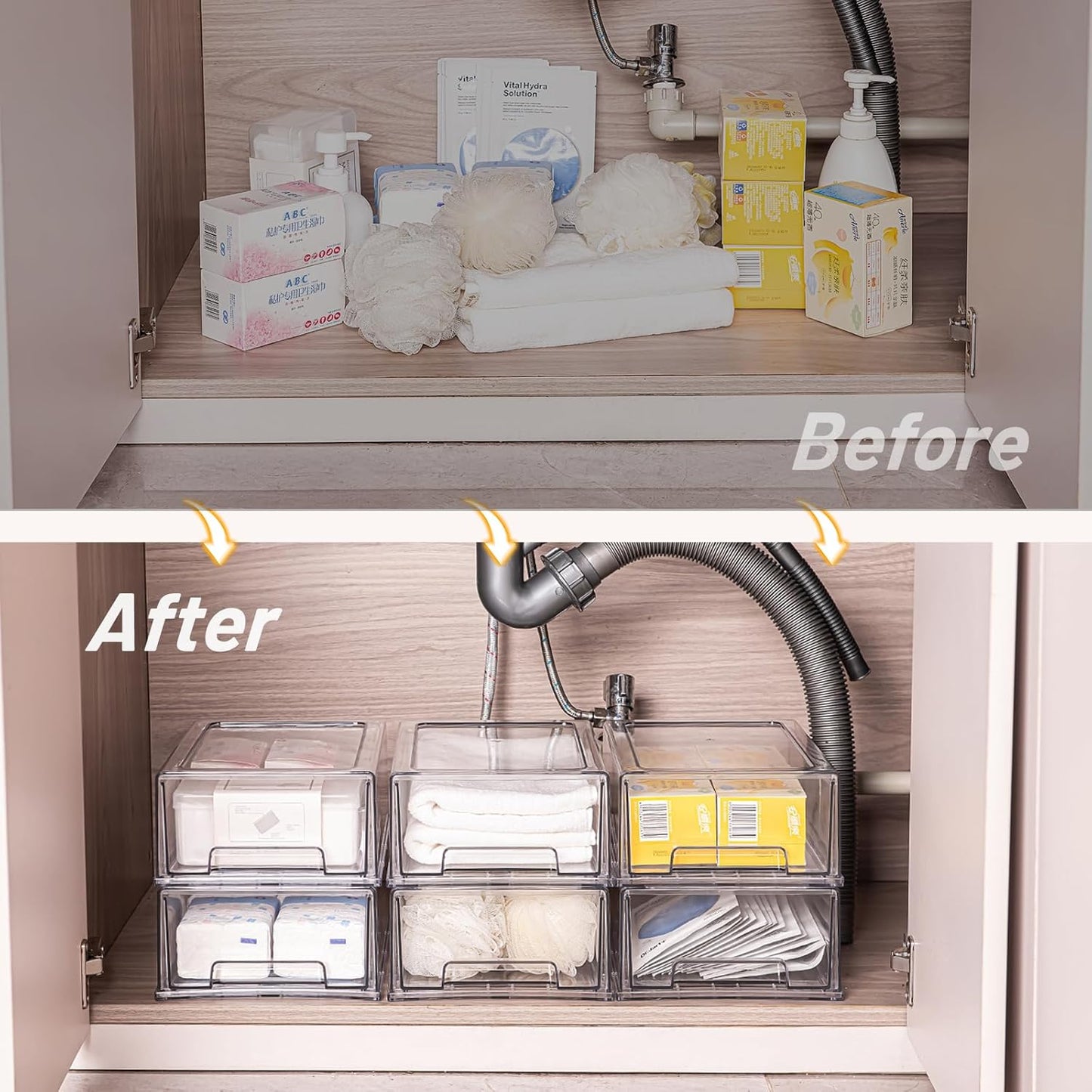6 Pack Stackable Pull-Out Storage Drawers，Plastic Clear Organizer Bins with Handles，Easily Clean for Craft, and Toy Organization，Kitchen Undersink，Cabinet，Fridge，Closet，Pantry，Office，Bathroom