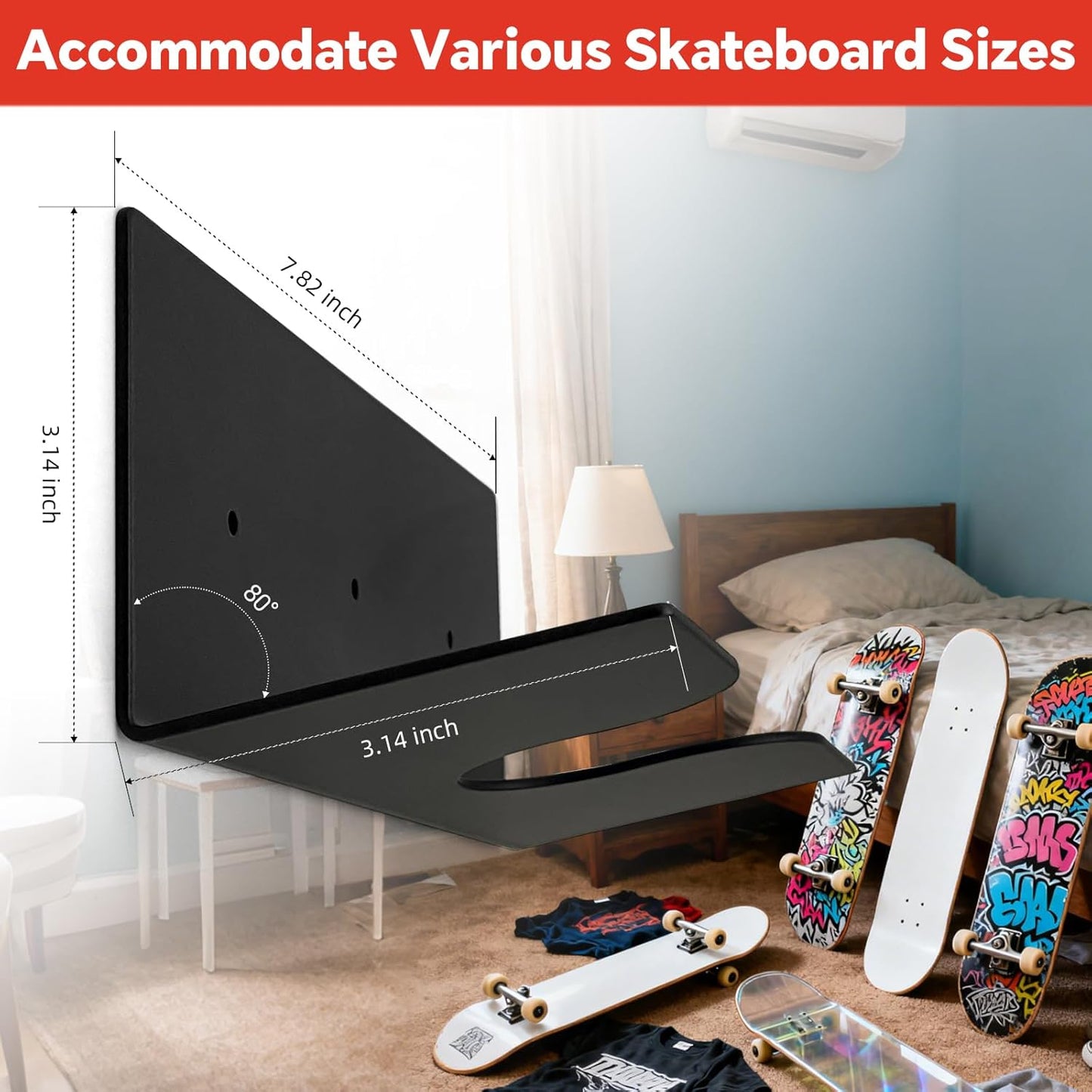 Skateboard Wall Mount Rack, Wall Hanger Holder for Longboard, Cruiser Boards, Vintage, Old School Skateboard and Penny Board Display (2 Pack)