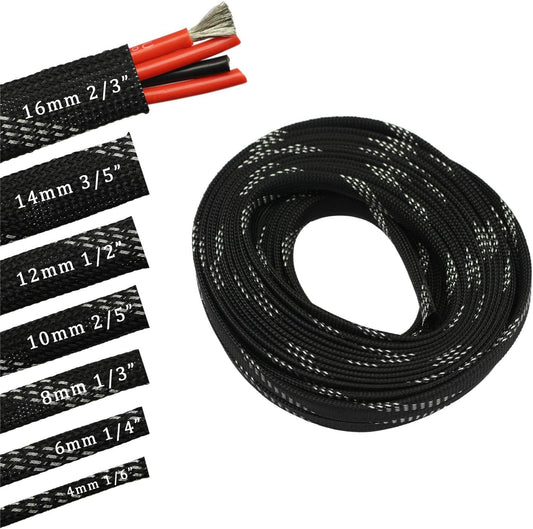 30ft PET Expandable Sleeving Wire Cable Sleeve (1/4", Silver&Black)