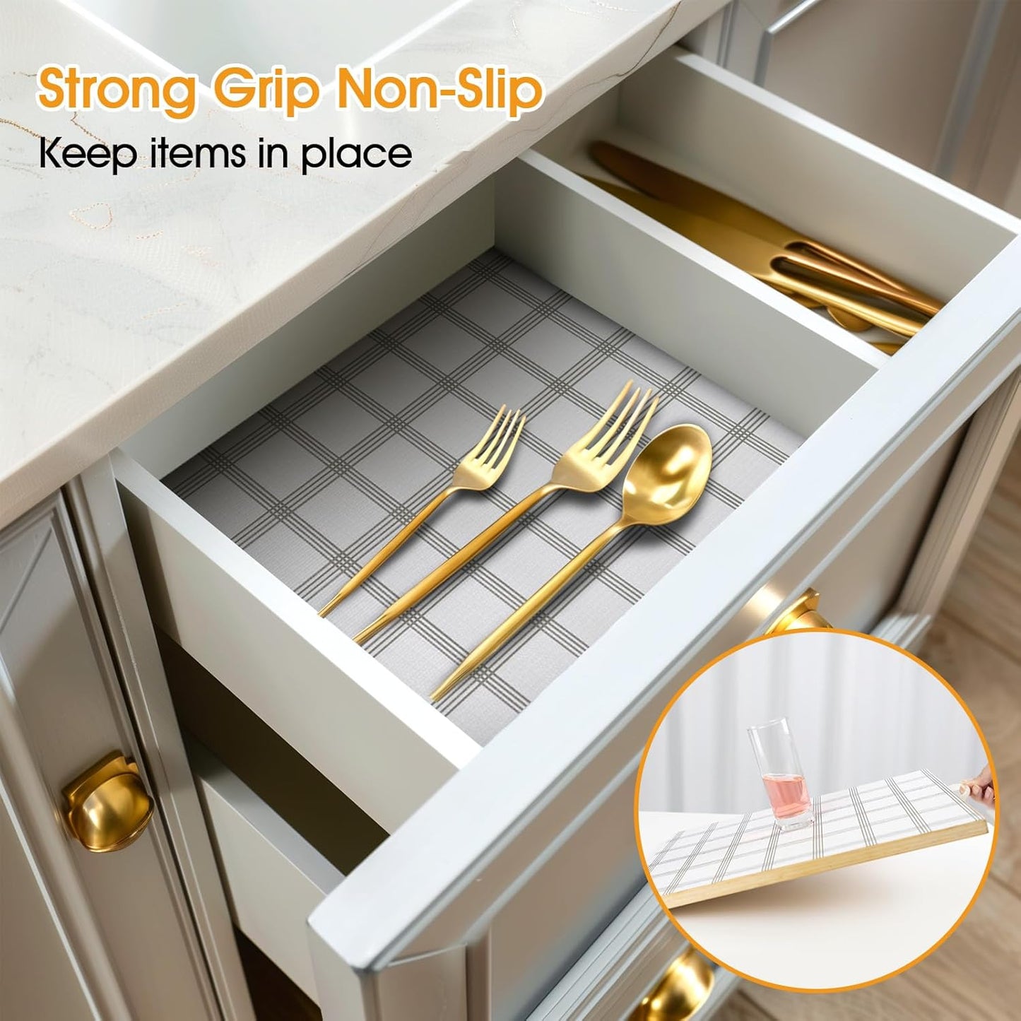 Shelf and Drawer Liner for Kitchen Cabinets Non-Adhesive, Strong Grip Non-Slip Thickened Cabinet Liners for Shelves, Waterproof Mats for Dresser Cupboard, White Square, 12 in x 30 Feet