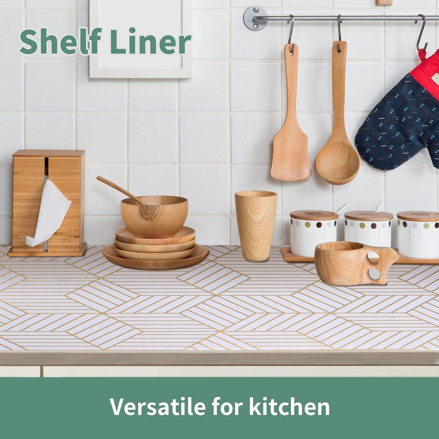 Shelf Liners for Kitchen Cabinets 17.5in x 20FT, Non Adhesive Cabinet Liner Strong Non-Slip Thickened Gold Geometric Drawer Liner, Easy to Clean for Shelf, Cabinet with Knife and Tape Measure