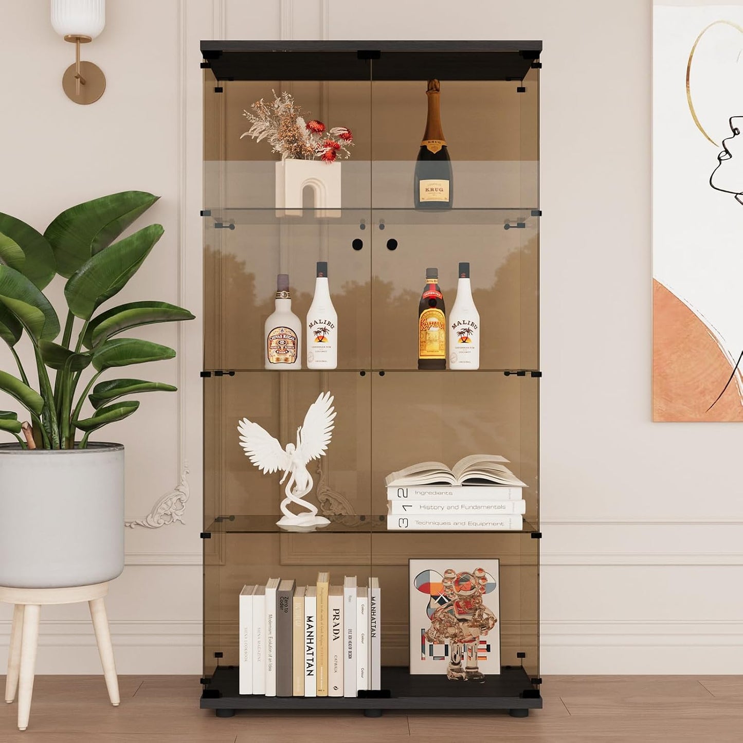 Beauty4U Glass Display Cabinet with 4 Shelves, 2 Doors Curio Cabinets for Living Room, Bedroom, Office, 5mm Brown Tempered Glass Floor Standing Bookshelf, Quick Installation