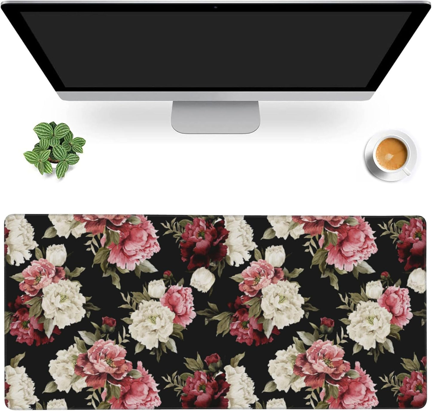 Desk Mat,Watercolor Peonies Floral Gaming Mouse Pad,XXL Extended Mouse Pad Mat for Office,Computer,Keyboard with Non-Slip Base Stitched Eges Mousepad 35.4x15.75 inch