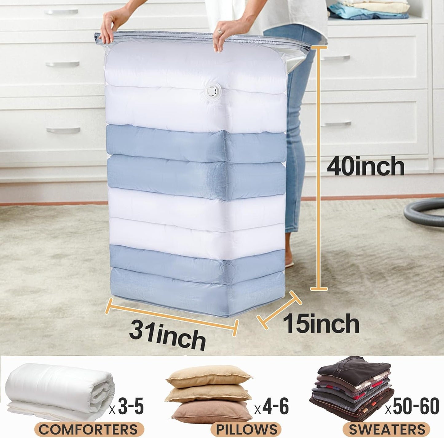 TAILI 12 Pack Vacuum Storage Bags, Jumbo Cube Space Saver (31x40x15 Inch), XL Large Vacuum Seale Bags for Comforters Blankets Bedding, Clothing, Clear