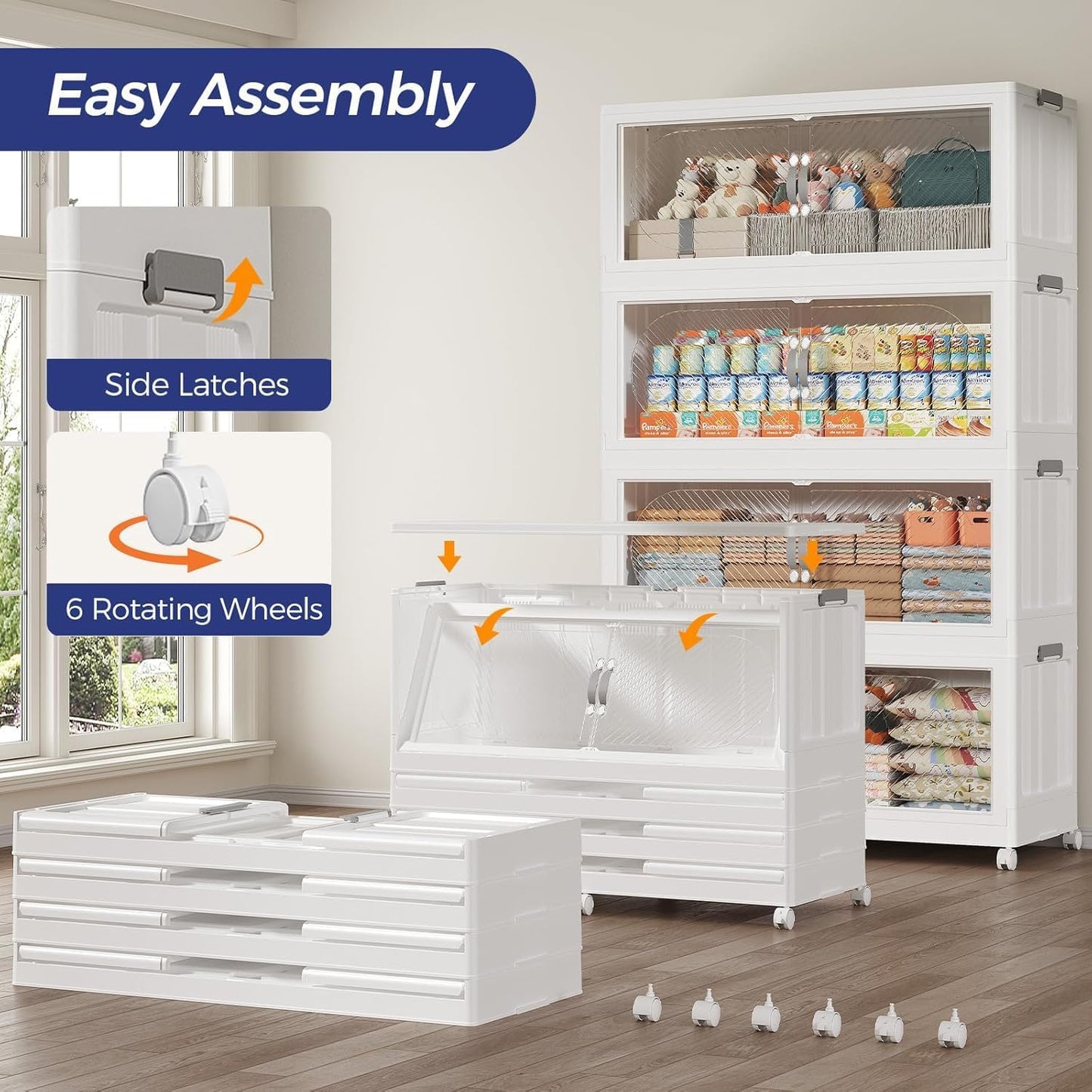 960QT Extra Large Stackable Storage Bins with Lid & Wheels & Doors, 240Gal Foldable Collapsible Closet Organizers, Plastic Cabinet Box Container Drawer for Home Kitchen Bedroom, 4Pack White