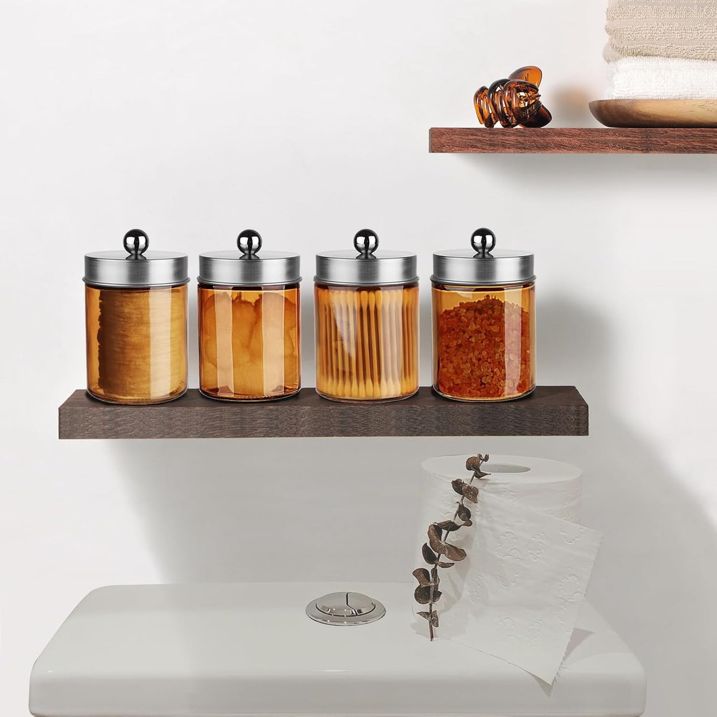 Amolliar Bronze Glass Apothecary Jar With Metal Lid & Stickers, Bathroom Qtip Dispenser Storage Canister, Perfect for Cotton Balls, Cotton Swabs, Makeup Pads, Bath Salt, Floss, 2 Pack (Brushed Nickel)