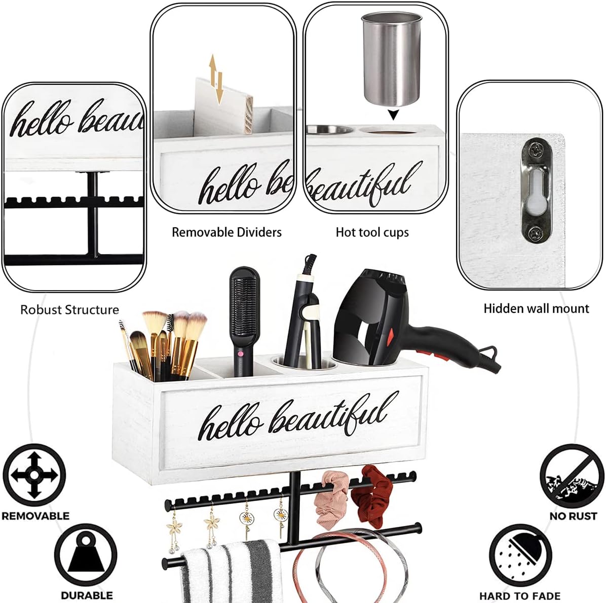 Rustic Hair Dryer Holder Wall Mounted,Hair Styling Tools & Accessories Organizer,Bathroom Supplies & hot Tools vanities Organizer Caddy,for Storage Flat Iron,Blow Dryer,Curling Iron (White)