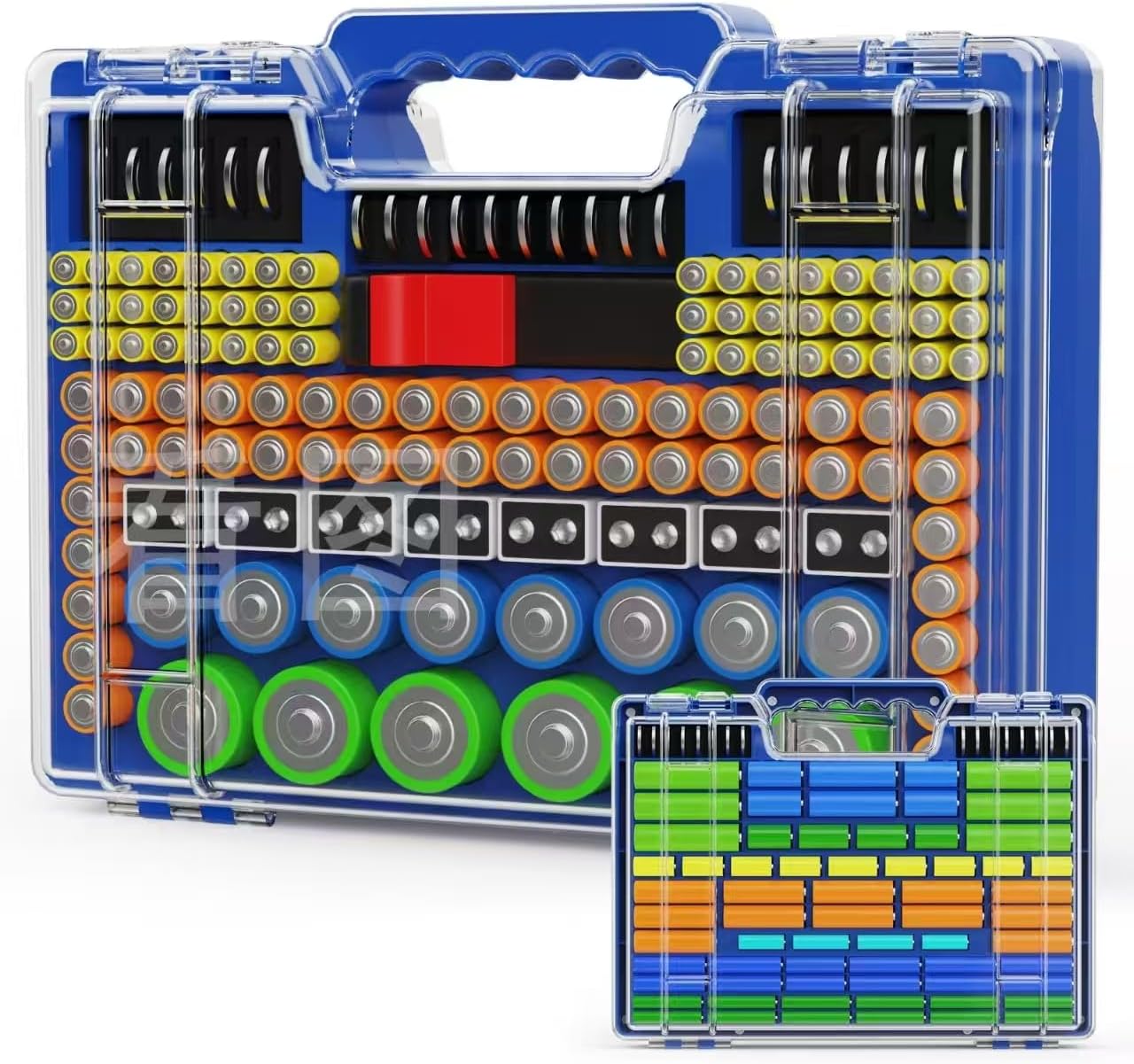 Battery Organizer Storage Holder Box Case with Tester, Stores & Protects Up to 260 Batteries, Double-Clear Locking Lid, Holds AA AAA C D and More (Blue)
