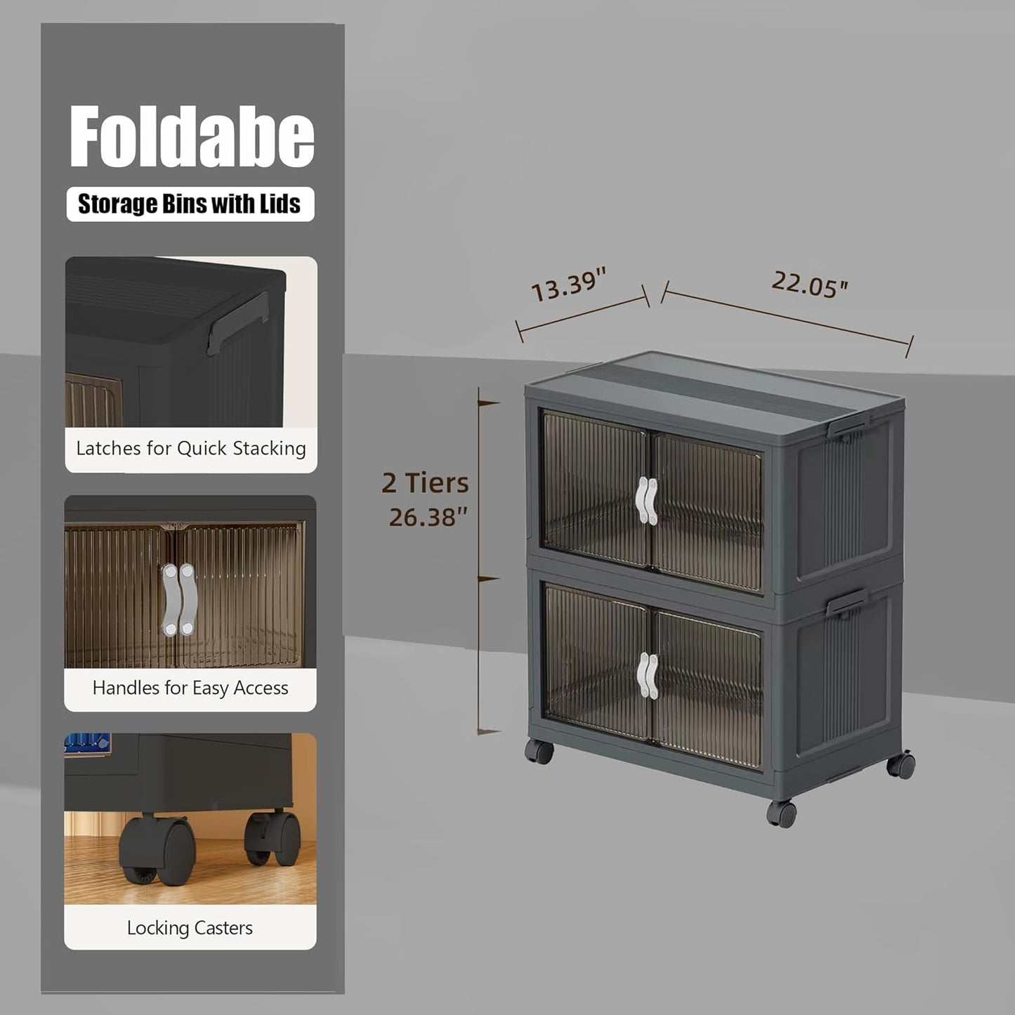 Stackable Storage Bins, Plastic Collapsible Storage Bins with Lid and Wheels, Folding Closet Organizer Clear Doors, Foldable Cabinet Storage Boxes for Home, Pantry, Office (M, Gray 2-Tier)