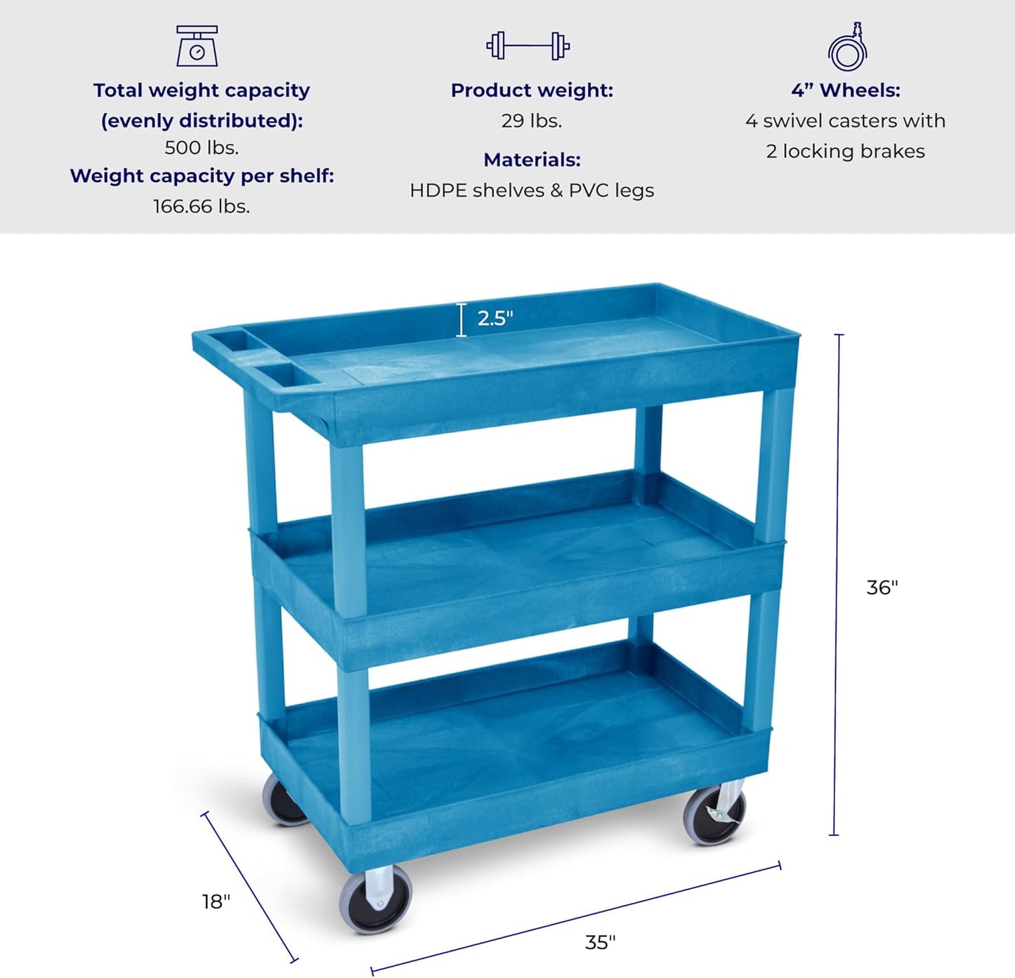 Stand Steady Tubstr 3 Shelf Utility Cart | Made in USA | Heavy Duty Tub Cart Holds Up to 500 lbs. | Storage Cart & Rolling Tool Cart for School, Office, Garage & Warehouse (32 x 24in / Blue)