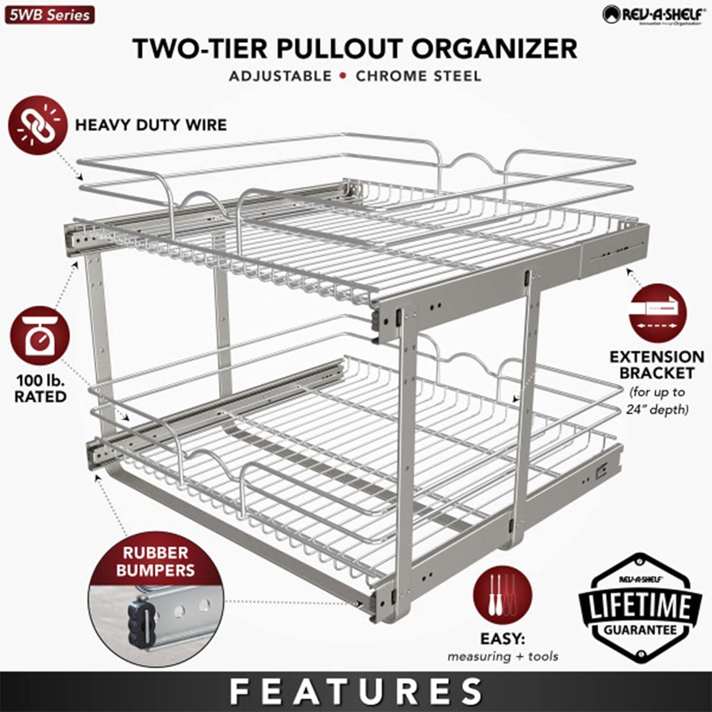Rev-A-Shelf 2-Tier Kitchen Cabinet Pullout Shelf and Drawer Organizer Slide Out Pantry Storage Basket in Multiple Sizes, 24 x 22 In, 5WB2-2422-CR-1
