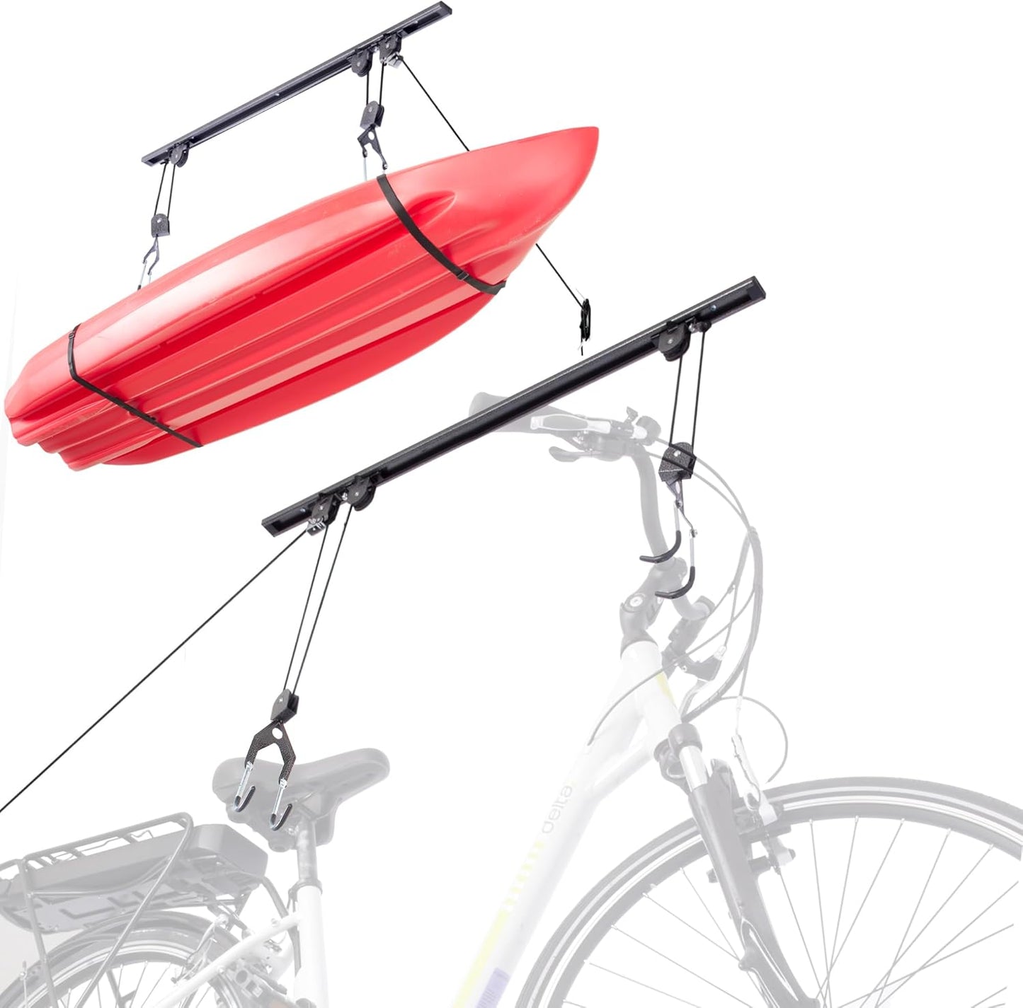 Bike Hoist- Heavy Duty for Space Saving - Road, Commuter & Mountain Bikes, Holds Kayaks & Ladders - No-Hassle Installation for Quick & Easy Access