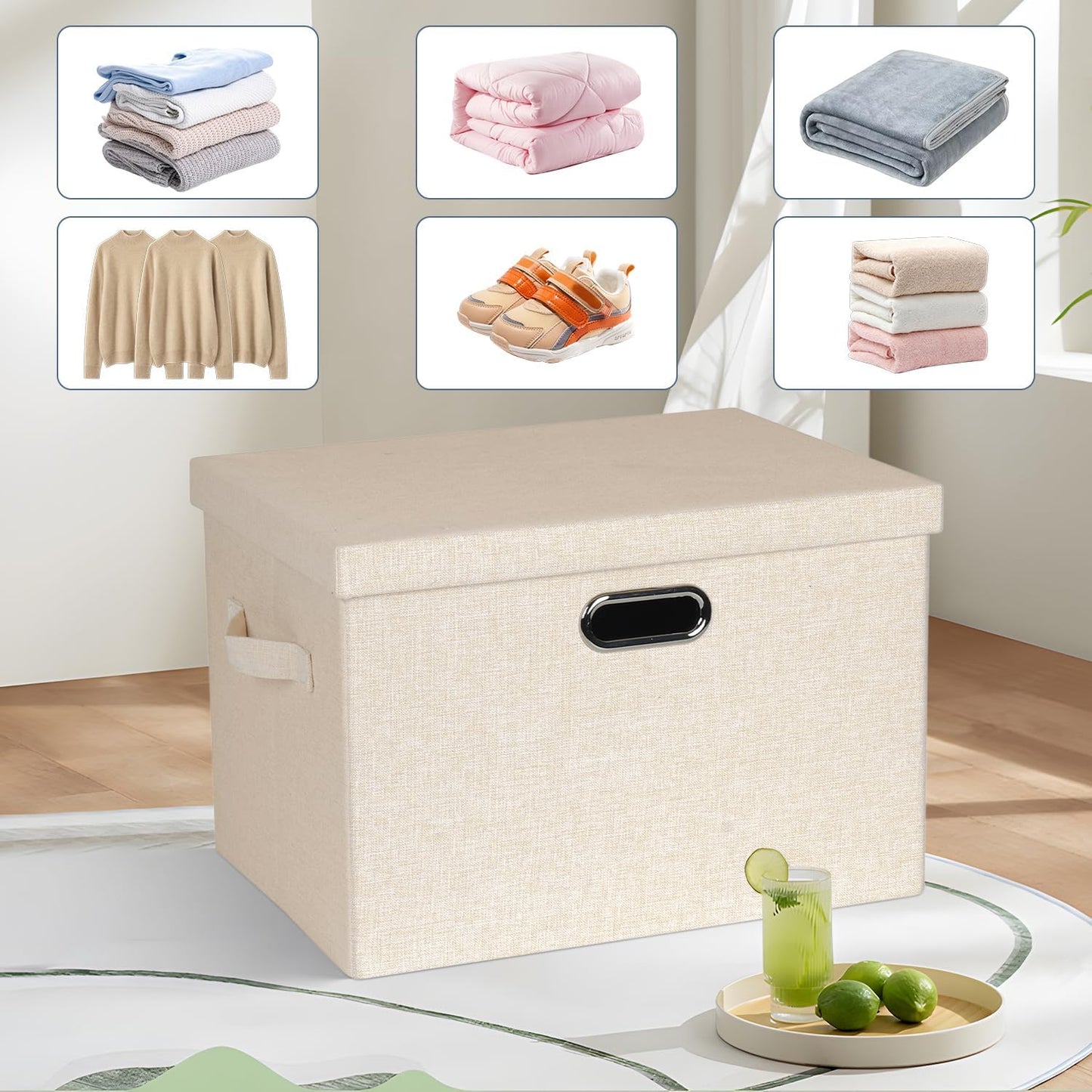Large 17" 36 Quart Collapsible Stackable Storage Bins with Lids, 3 Packs Light Orange Linen Fabric Closet Boxes with Lids, Storage Cube Baskets Container Organizers for Office (17x12x11)
