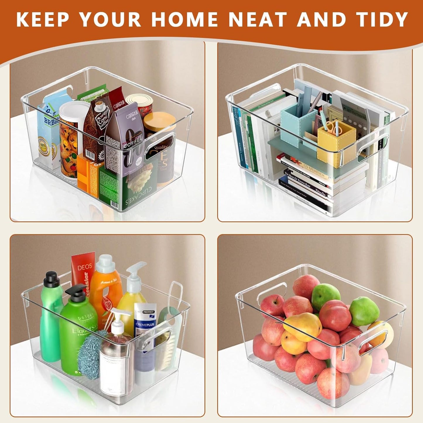 MOONEDGE Open Clear Plastic Storage Bins Stackable Organizer Containers with Handles for Kitchen, Pantry, Fridge, Cabinet, Closet Storage & Home Organization 8 Pack（11 x 8 x 6 in）