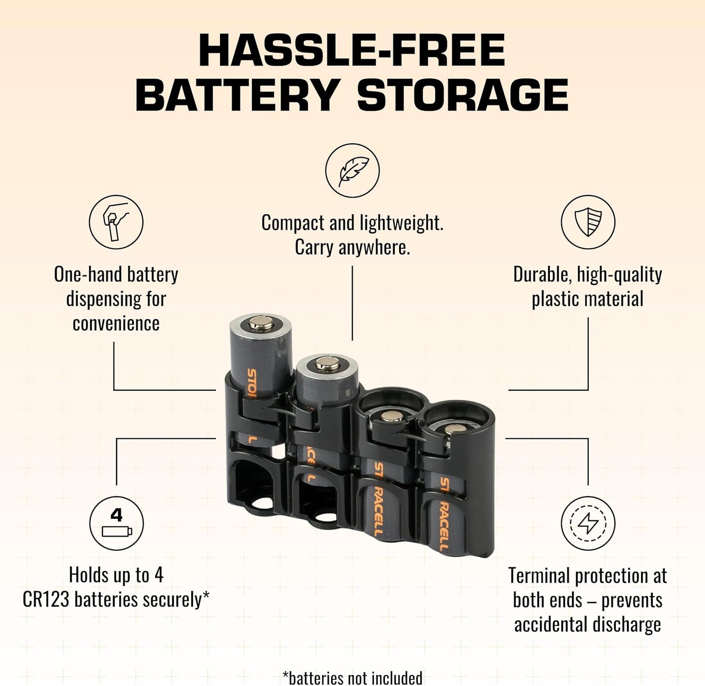 Storacell Slimline CR123 Battery Storage Caddy, Black, Holds 4 Batteries (Not Included)