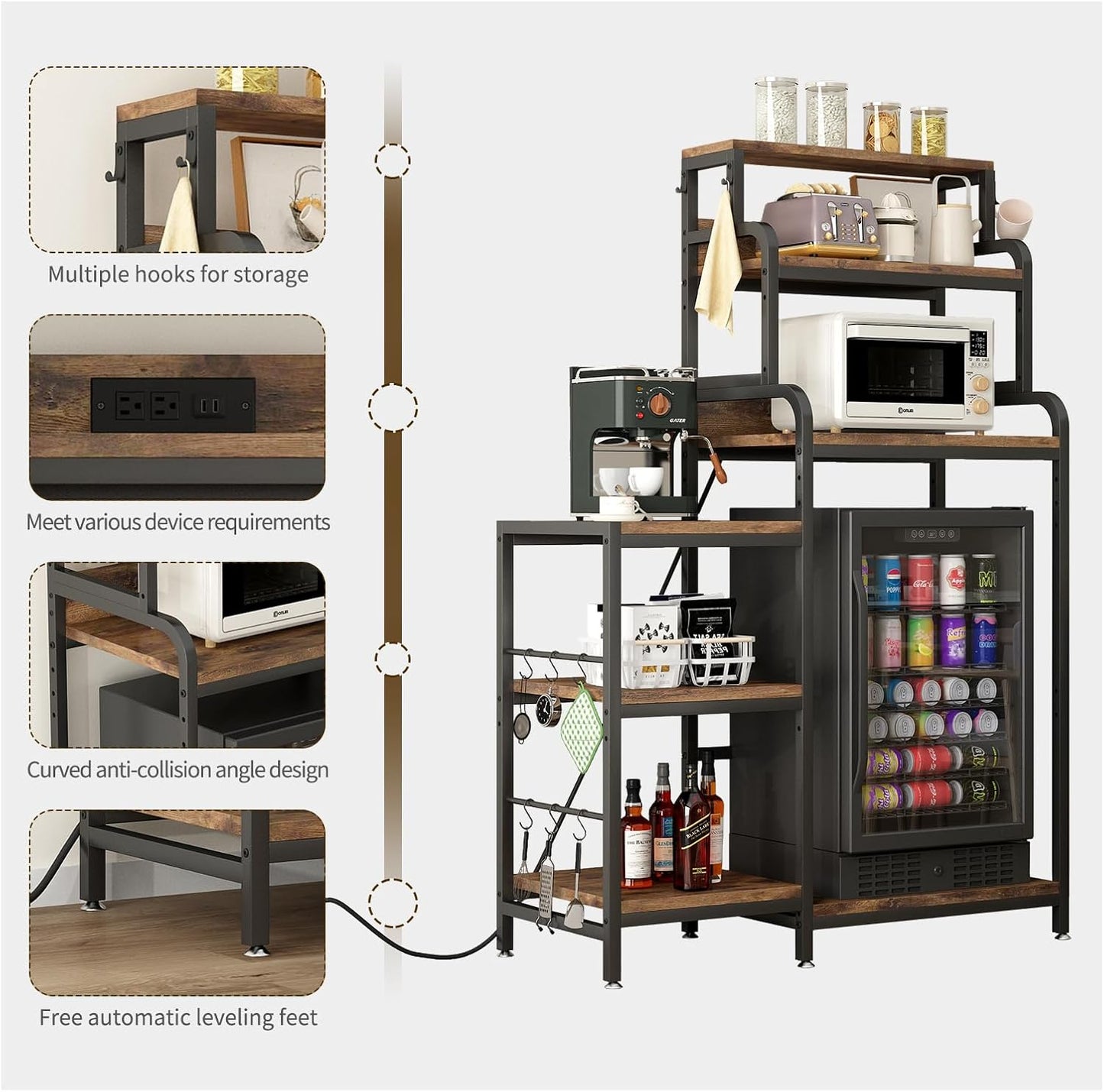 7-Tier Kitchen Storage Rack, Mini Fridge and Microwave Stand with AC/USB Outlets, Metal Frame, Walnut Brown MDF Shelves, Utility Cabinet for Kitchen, Living Room, Dorm