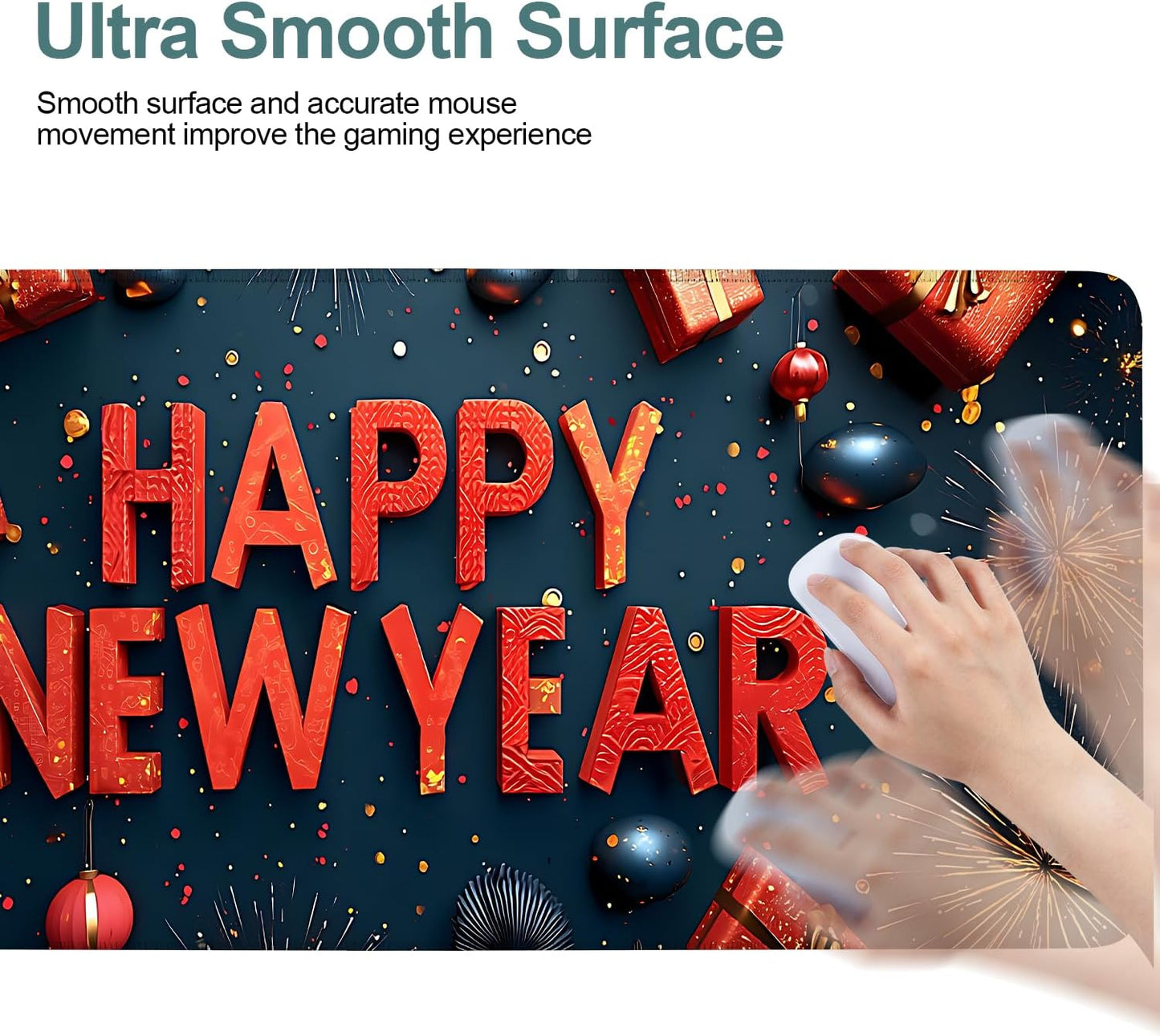 Happy New Year Gaming Mouse Pad 31.5"x11.8"Desk Mat Anti-Slip Rubber Base & Durable Stitched Edges for Gamers Smooth Mouse Writing Surface for Desk Office/Home