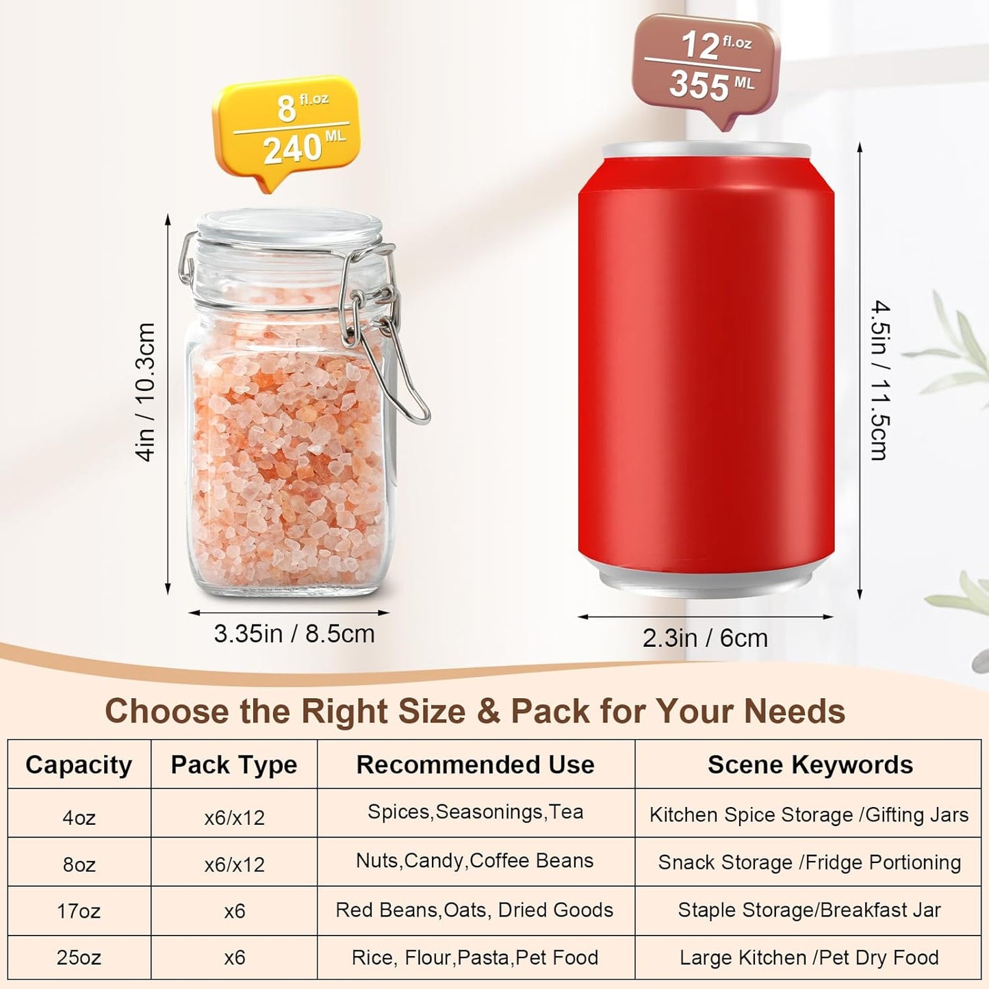 6 Pack Spice Jars, 8 oz Glass Containers with Airtight Lids, Small Herb Jars with Labels for Kitchen Storage