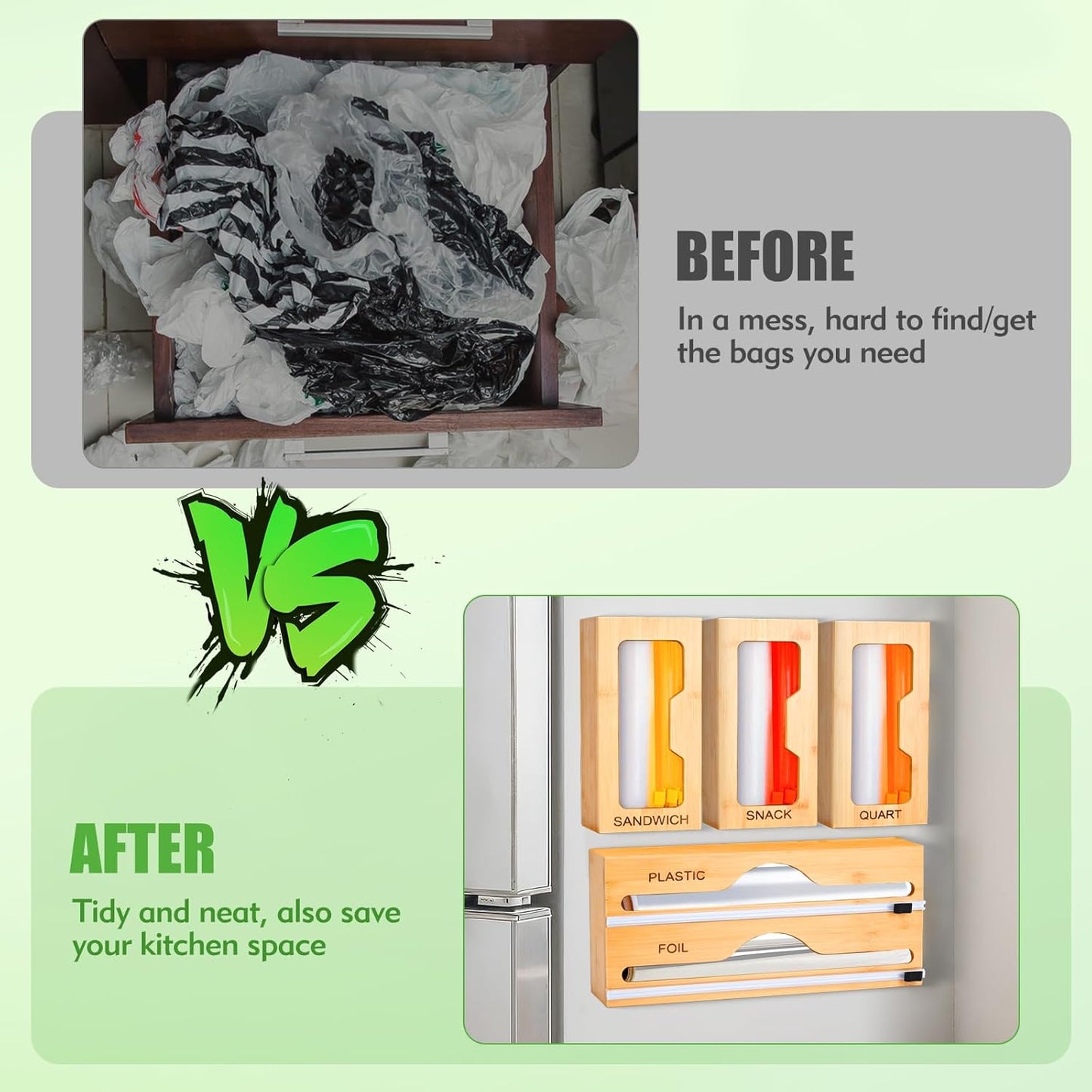 Magnetic Ziplock Bag Organizer for Refrigerator or Drawer, Bamboo Foil and Plastic Wrap Organizer with Cutter, Kitchen Food Storage Bag Holder for Gallon, Quart, Snack, Sandwich, Size Baggie