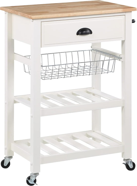 OSP Home Furnishings Hampton Kitchen Cart with Wood Top, Utensil Drawer, Under Cabinet Basket, and 2 Slatted Shelves, White Base
