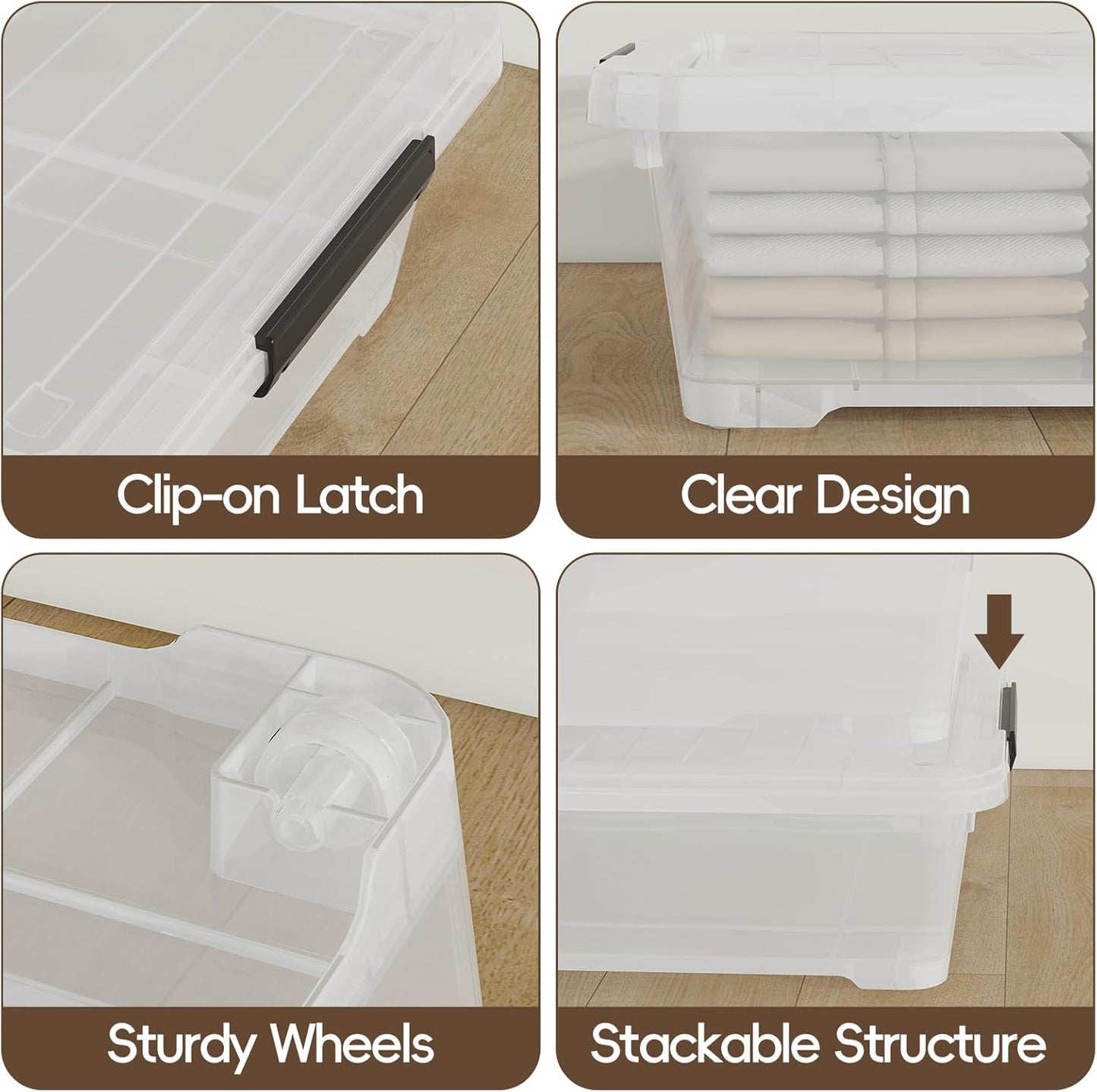 Saedy 4 Pack 40L Plastic Underbed Storage Container Box with Wheels, Clear