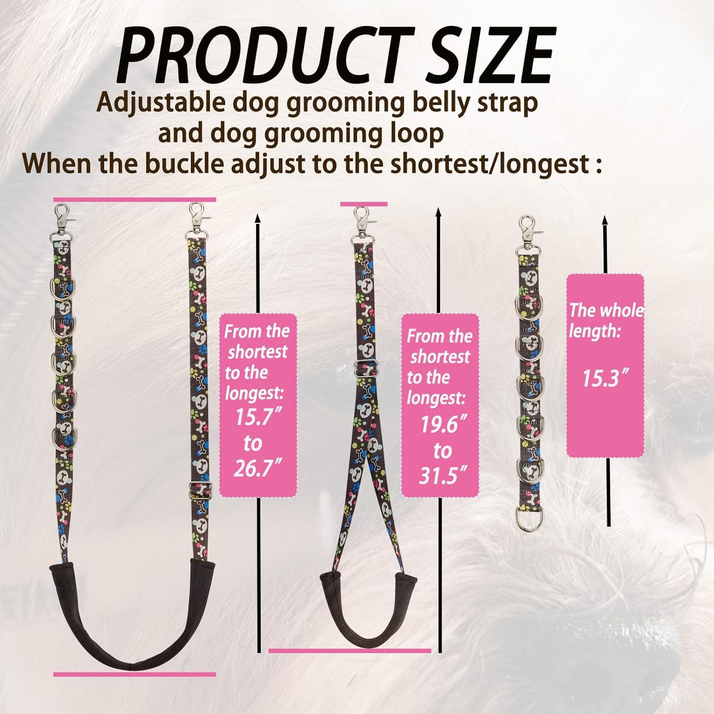 Dog Grooming Belly Straps – Adjustable Grooming Loops with Cute Paw & Bone Pattern Pet Grooming Belly Support Band Table Accessories for Small Medium Large Dogs(Light Pink)