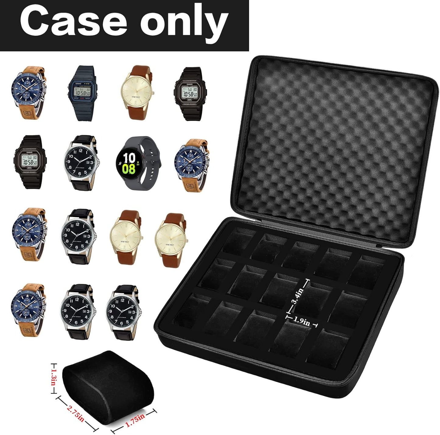 Comecase 15 Slots Watch Box Organizer/Men Watch Display Storage Case Fits All Wristwatches and Smart Watches up to 42mm - Black