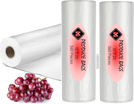 Plastic Produce Bags for Food Storage - 12"x20" Clear Grocery Bag for Fruits, Vegetables, Bread - Easy Peel-Off Design, Continuous Roll, 1.75" Core, Pack of 720 Bags [2 rolls]
