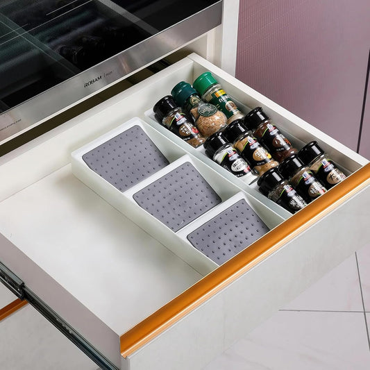 Spice Drawer Organizer, 3 Tier Non-Slip Silicone Seasoning Jars Drawer Insert, Spice Rack Organization for Drawer, Kitchen Spice Rack Tray for Cabinet Countertop Makeup Storage