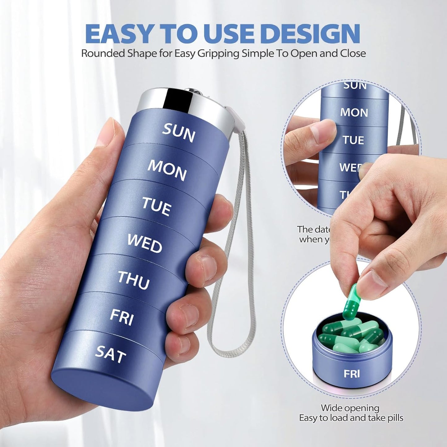 Metal Weekly Pill Organizer, Large Travel Pill Box, Portable Aluminum Alloy Waterproof Container, 7 Day Daily Medicine Organizer Holder for Vitamin, Fish Oil, Supplement, Dark Blue