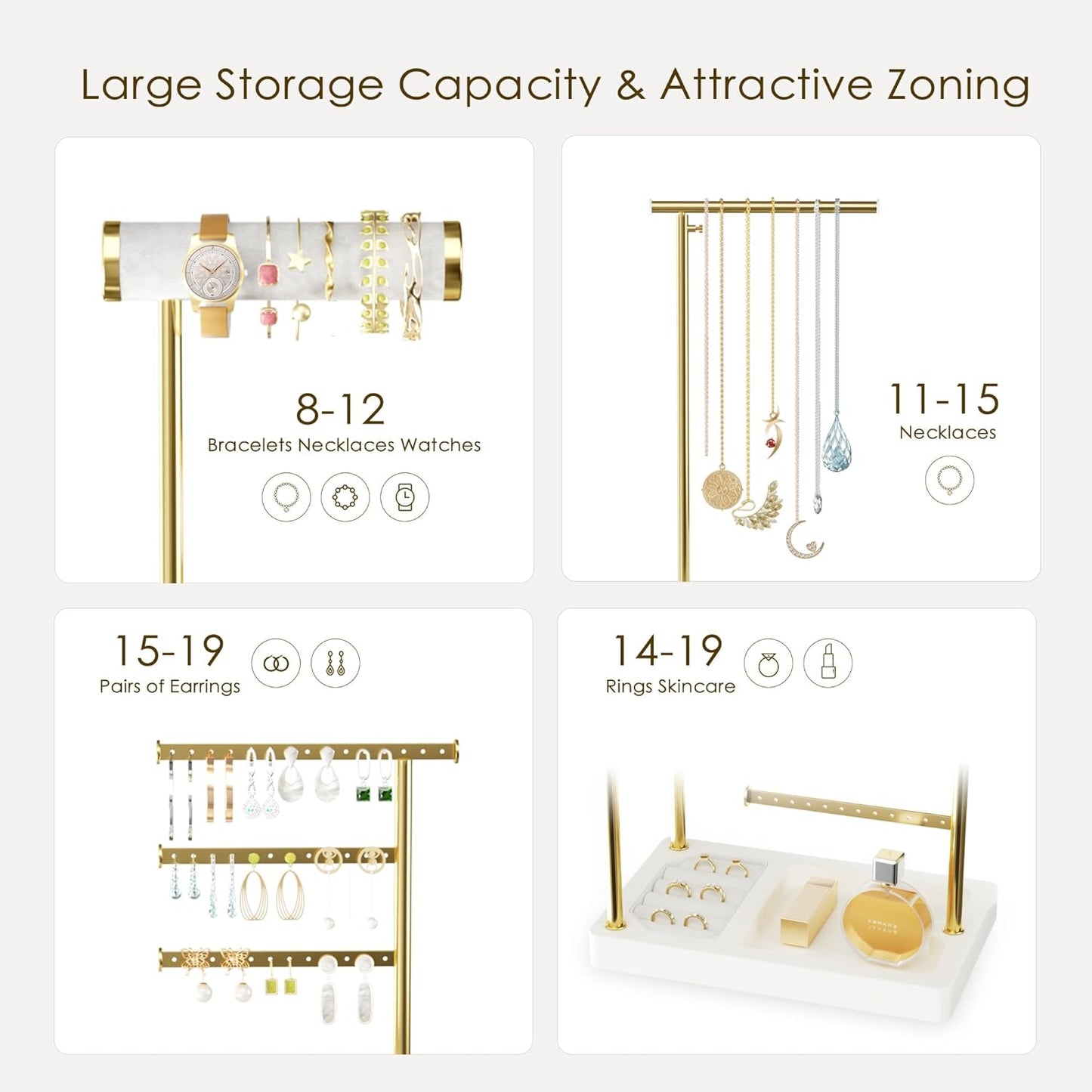 SZQINJI 5 Tier Jewelry Holder Organizer, Gold Jewelry Stand with Velvet Bracelet Holder, Adjustable Height Jewelry Display for Necklaces, Bracelets, Earrings, Rings, Gift Idea for Women, White
