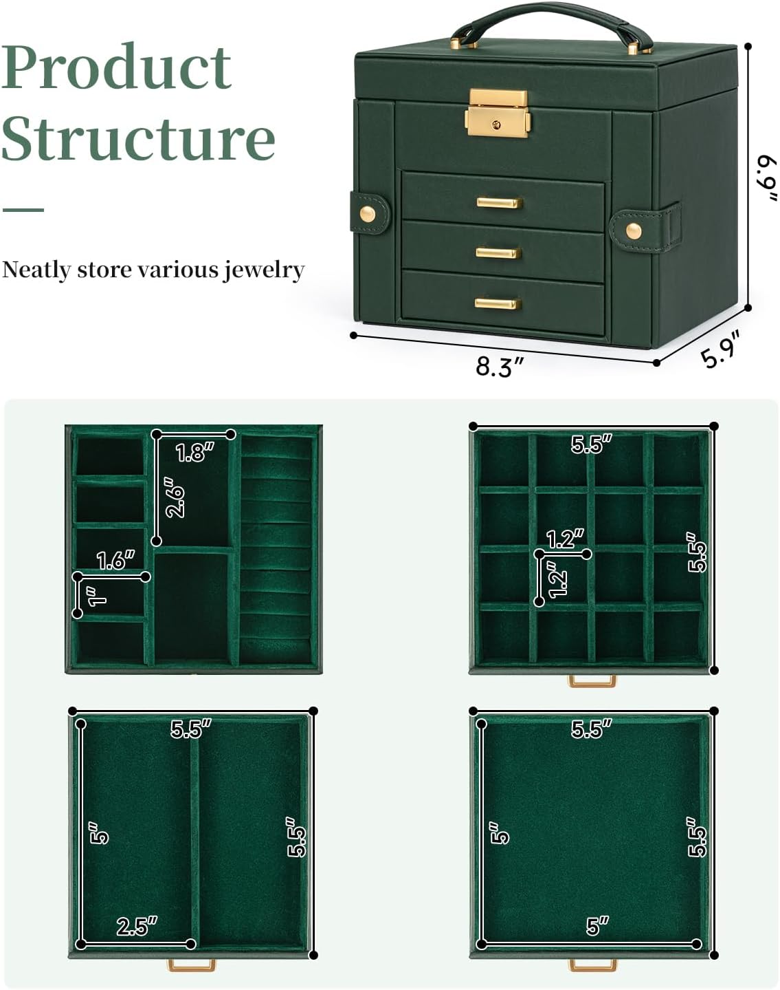 TORIBIO Jewelry Box for Women, Leather Jewelry Organizer with Mirror & Lock, 4-Tier Jewelry Storage Organizer with 3 Drawers for Girls/Women/Mothers, Necklace Earring Bracelets Holder Organizer