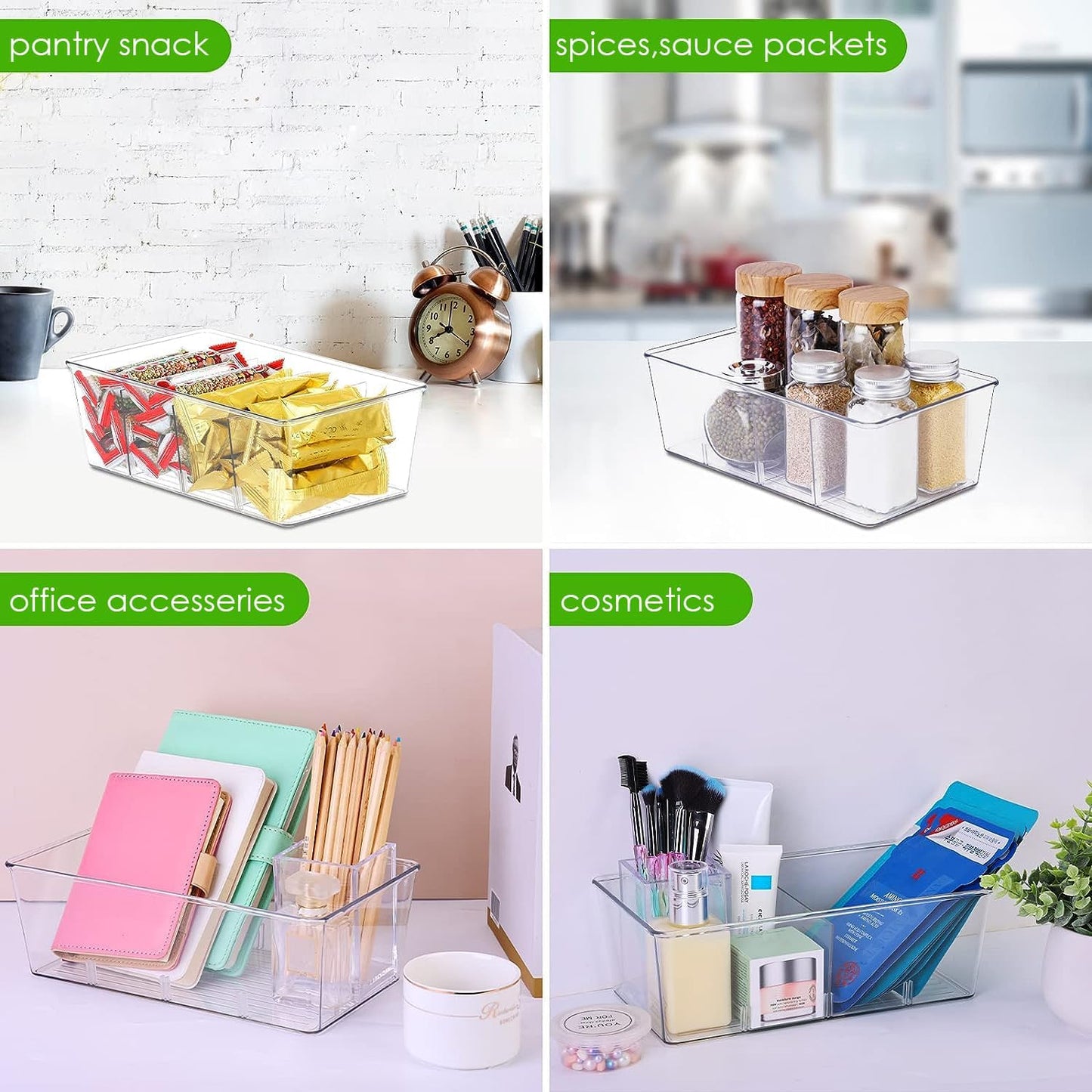 wilfox Pantry Organizer, 7 Pack Clear Bins with Removable Dividers, Pantry Organizers and Storage, Fridge and Cabinet Organizer for Snack, Pouches, Spice Packets
