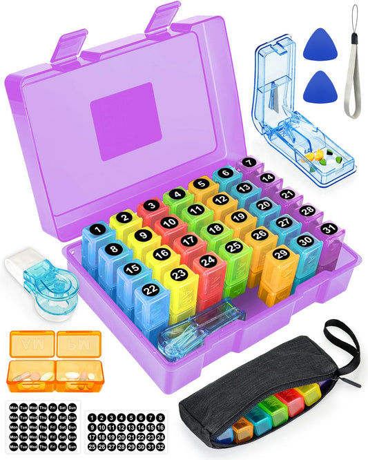 Monthly Pill Organizer 2 Times a Day, FRIWOLE Medicine Box with Portable Weekly Pill Bag, Keychain Pill Case, Pill Cutter and 2 Sticker (Purple, 2 Times a Day)