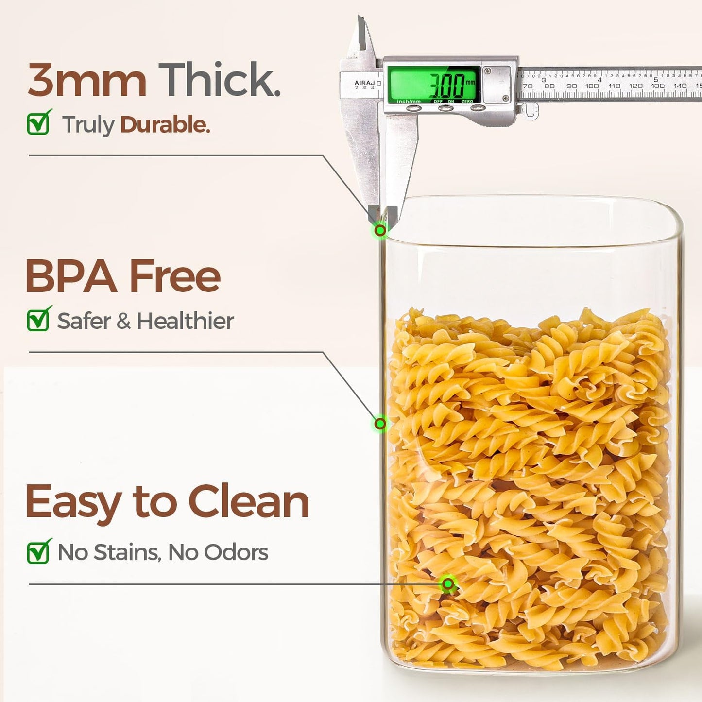 ComSaf Glass Pantry Storage Containers, 4.6Qt/1.6Qt Large Square Flour and Sugar Containers with Airtight Lids, 1.2 Gallon Glass Jars with Bamboo Lids for Rice, Pasta, Cookies, Coffee Beans