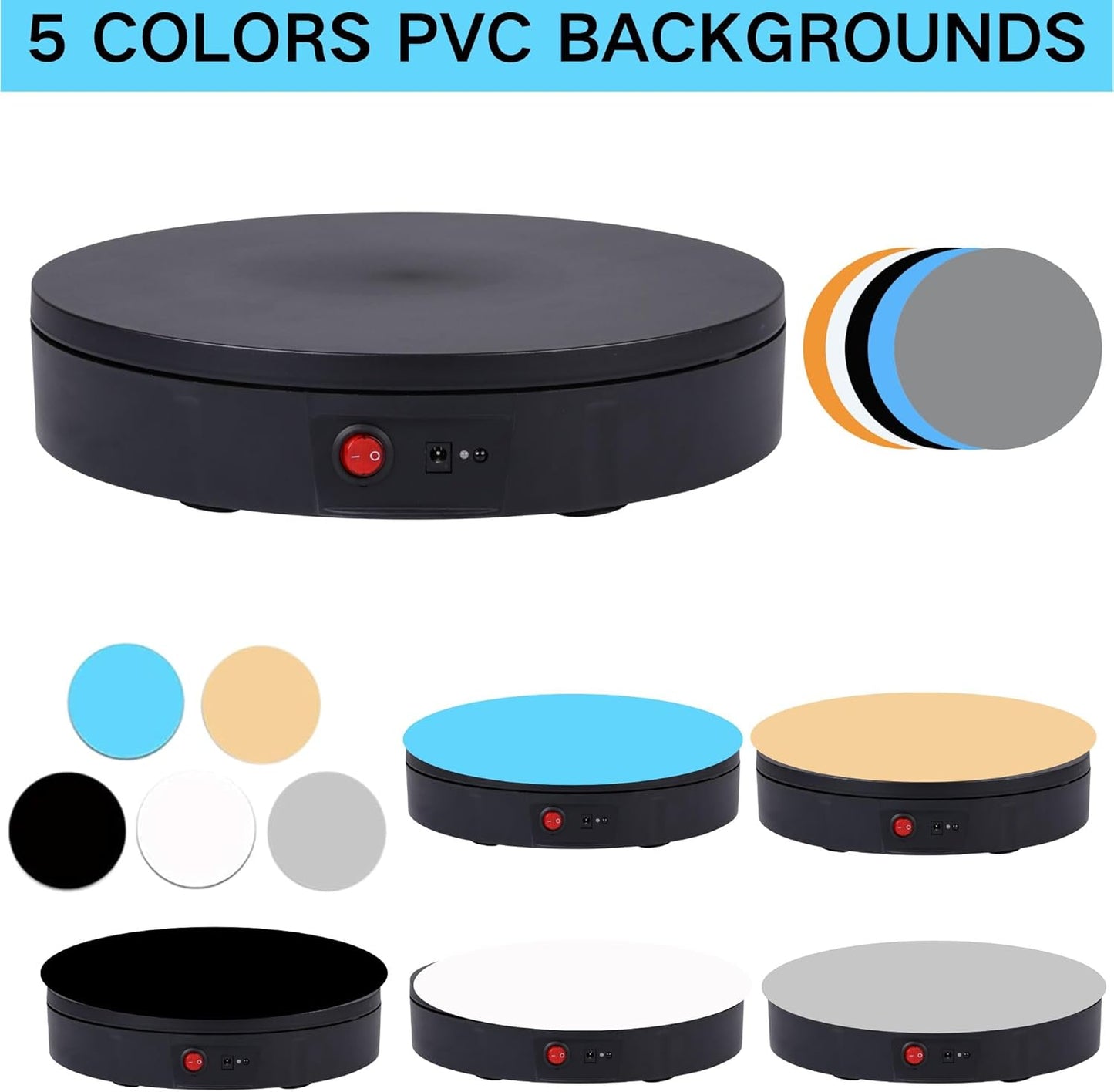 JAYEGT Motorized Rotating Display Stand，180 Lbs Load，360 Degree Electric Rotating Turntable for Photography Products Display，Live Show,Remote Control +5 Colors Backgrounds(Black / 8.66inch / Rechargeable)