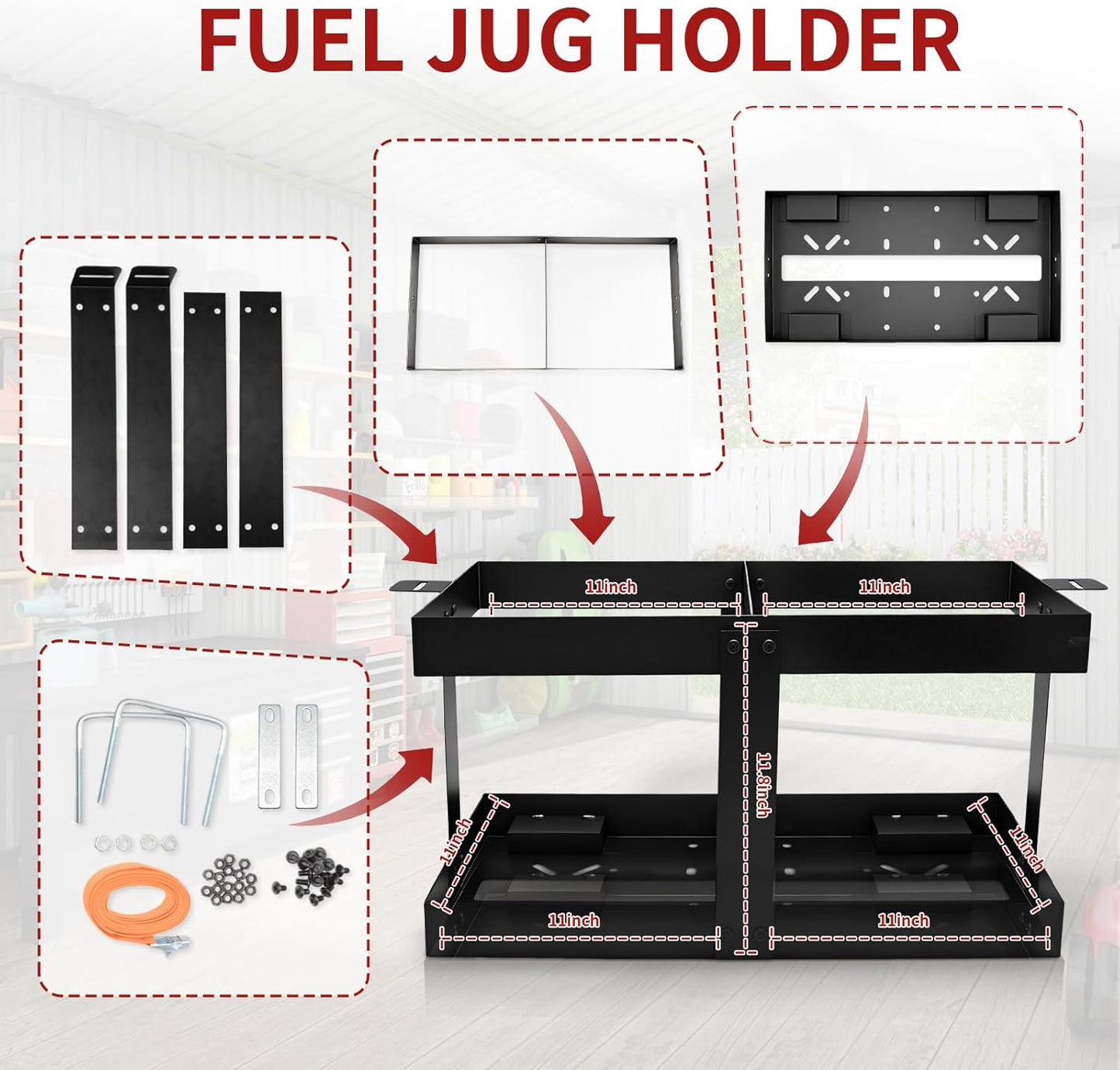 Upgrade Fuel Jug Holder, Black Gas Can Holder for Trailer, Sturdy Four-Way Support, Fits Two 5 Gallon Fuel Containers, Compatible with Vp Gas Can