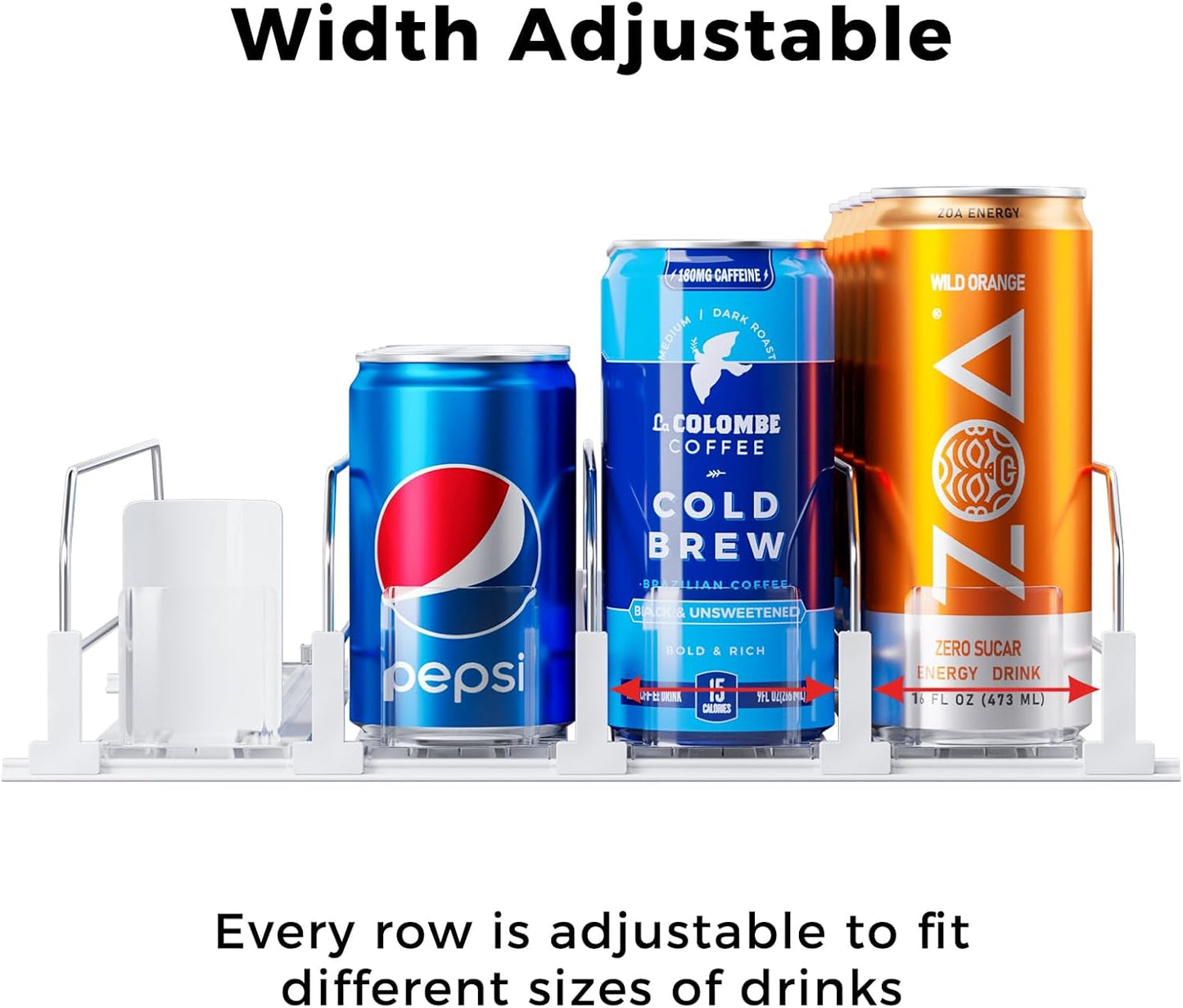 Puricon Drink Organizer for Fridge - Spring Loaded Pusher Glide, Self Pushing Soda Can Dispenser, Beer Bottle Beverage Holder for Refrigerator - 4 Rows, White