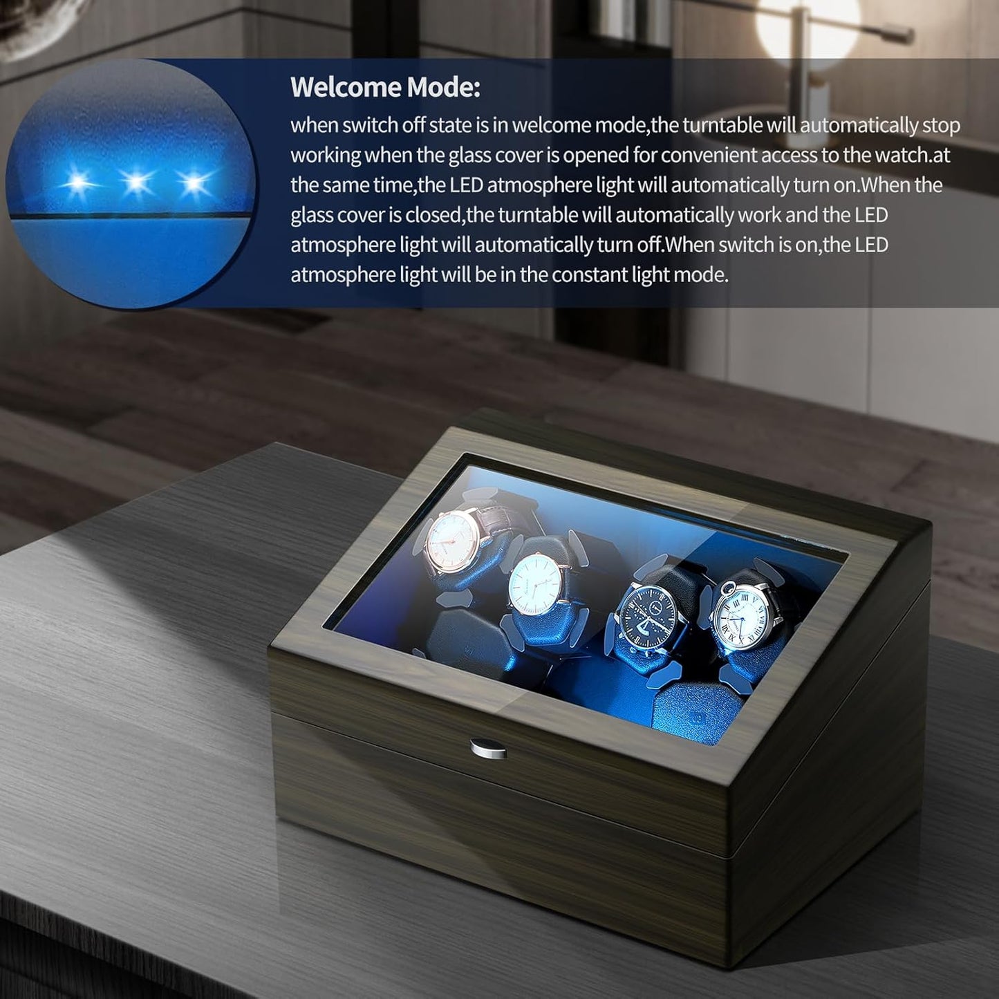 Watch Winder for Automatic Watches,Ultra Quiet Motor,4 Automatic Watches and 6 Extra Watch Storage Spaces, PU Leather Crocodile Styling