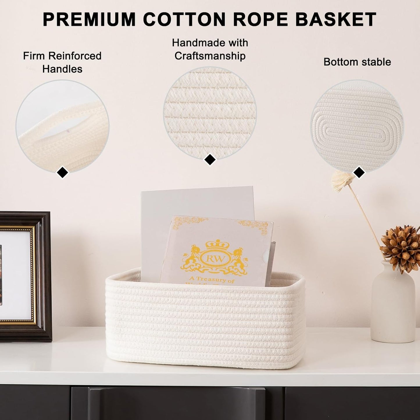 4 Pack Small Storage Shelf Baskets for Organizing, Mini Woven Rope Storage Bins for Towels, Cute Decorative Closet Organizer，Baby Nursery, Gift Empty Baskets -11.81''Lx7.87''Wx4.72''H-White