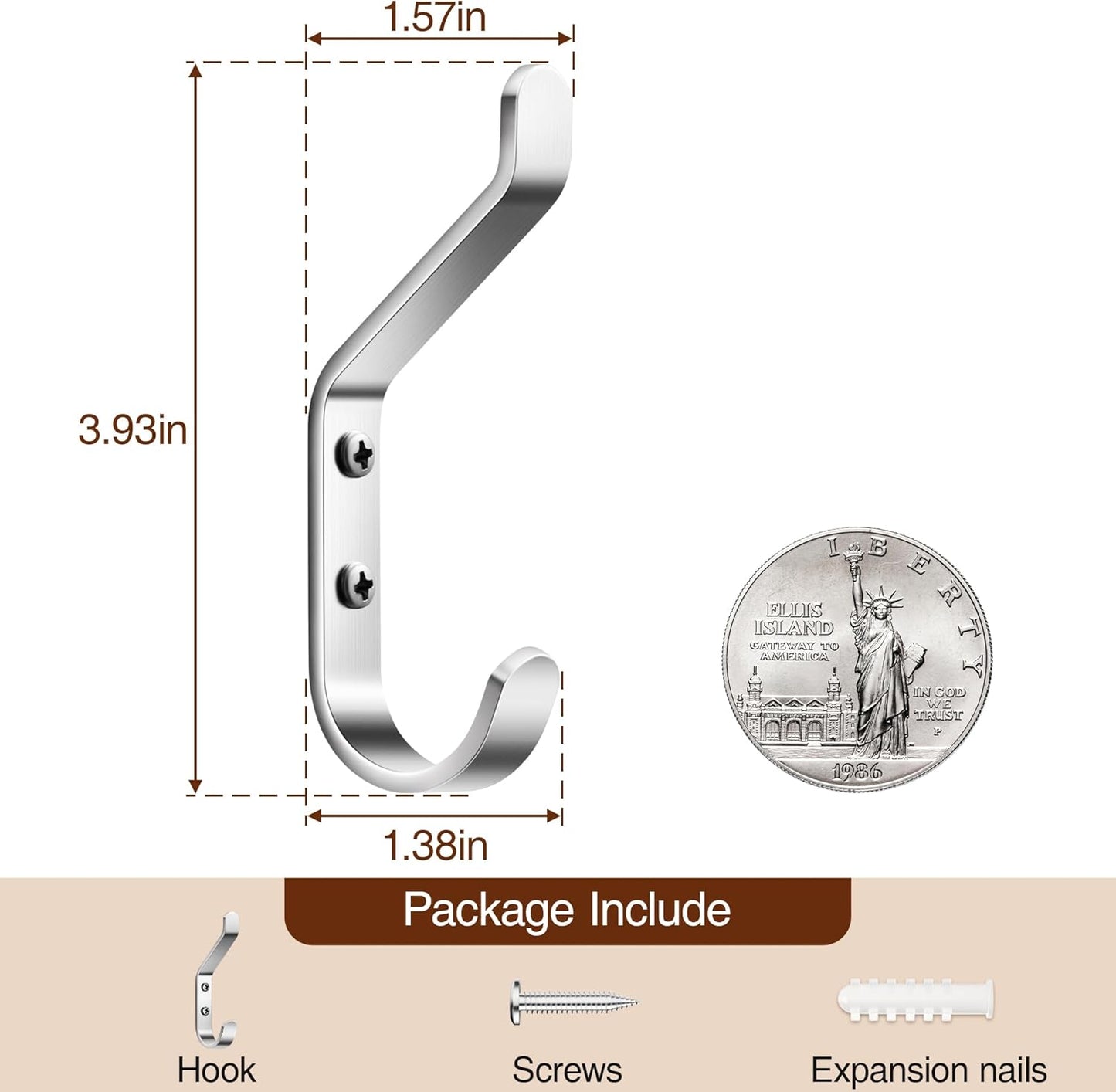 10-Pack Coat Hook for Hanging, 20LB (Max), Stainless Wall Hooks for Towel, Hat, Backpack, Key, Clothes, Wall Mounted Coat Hanger for Closet, Metal, Silver 3.75“